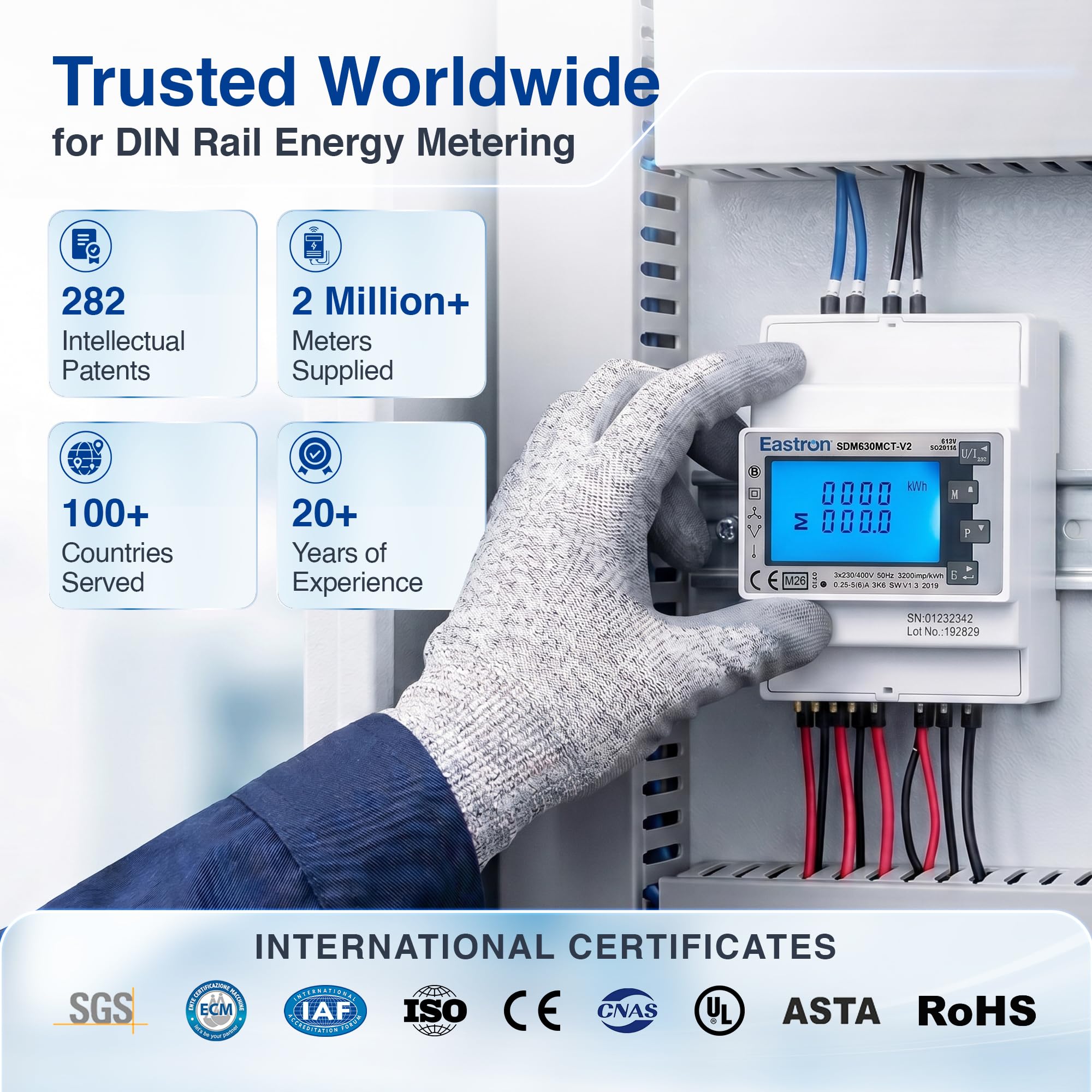 Medidor de electricidad Eastron SDM630MCT V2 - Modbus RS485 RTU Monofásico/trifásico - Medidor inteligente de riel DIN operado por CT, medidor de pulso,. MID/Calibrado