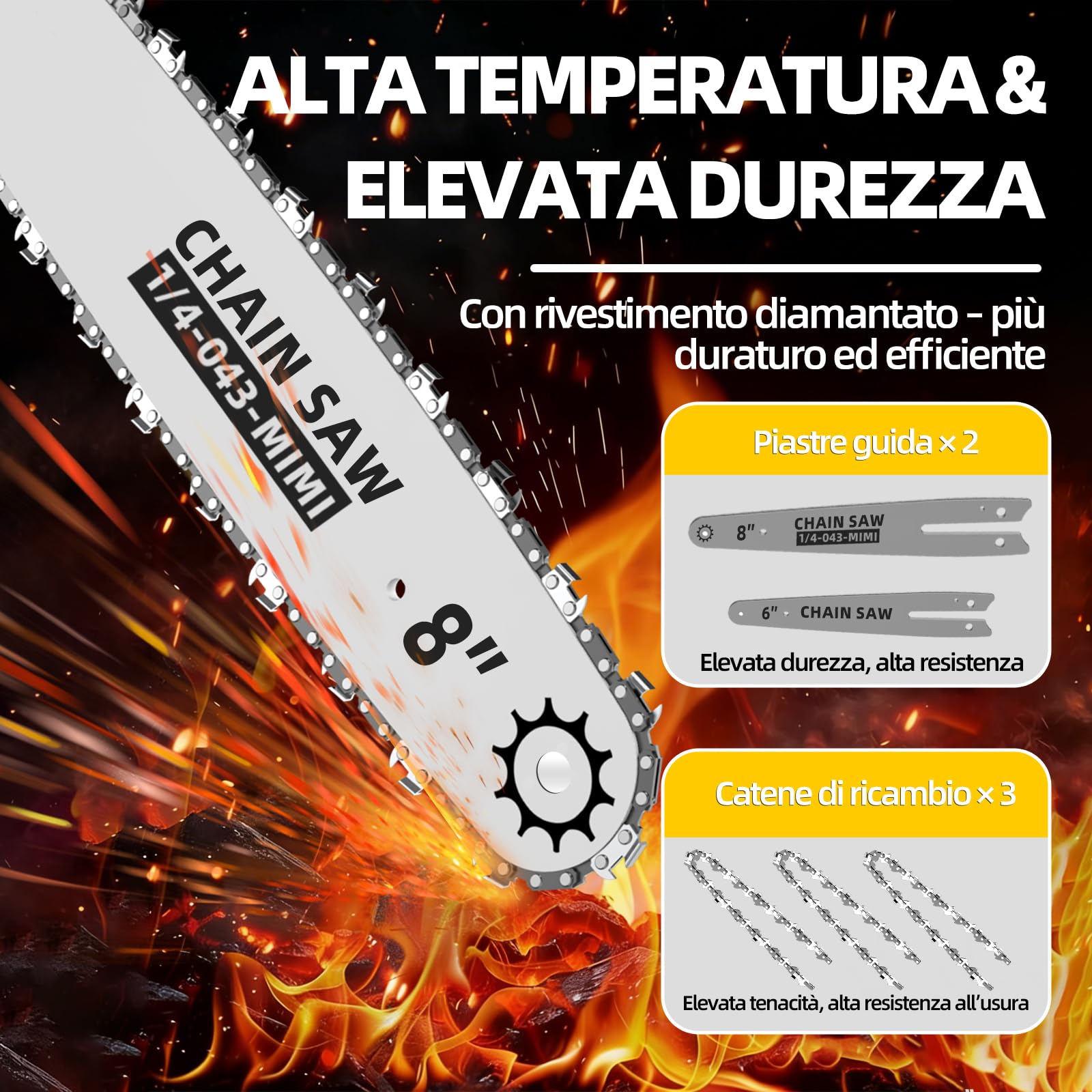 Mini motosega senza fili – Barre 8" e 6", lubrificazione automatica, catena di ricambio, motore brushless 1200W, 2 batterie 4000mAh – Per potatura alberi, giardinaggio e taglio legna