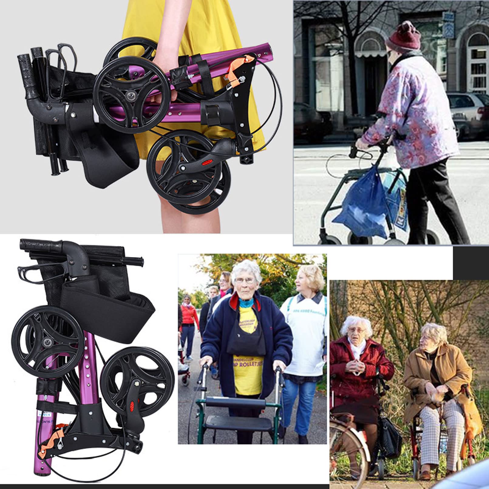 Aluminiowy Rollator Seniors Walking Frame Pomoc Lekki Mobilny Wózek Wózek Hulajnoga Składany z siedziskiem i koszem 4 koła na prezent dla rodzica