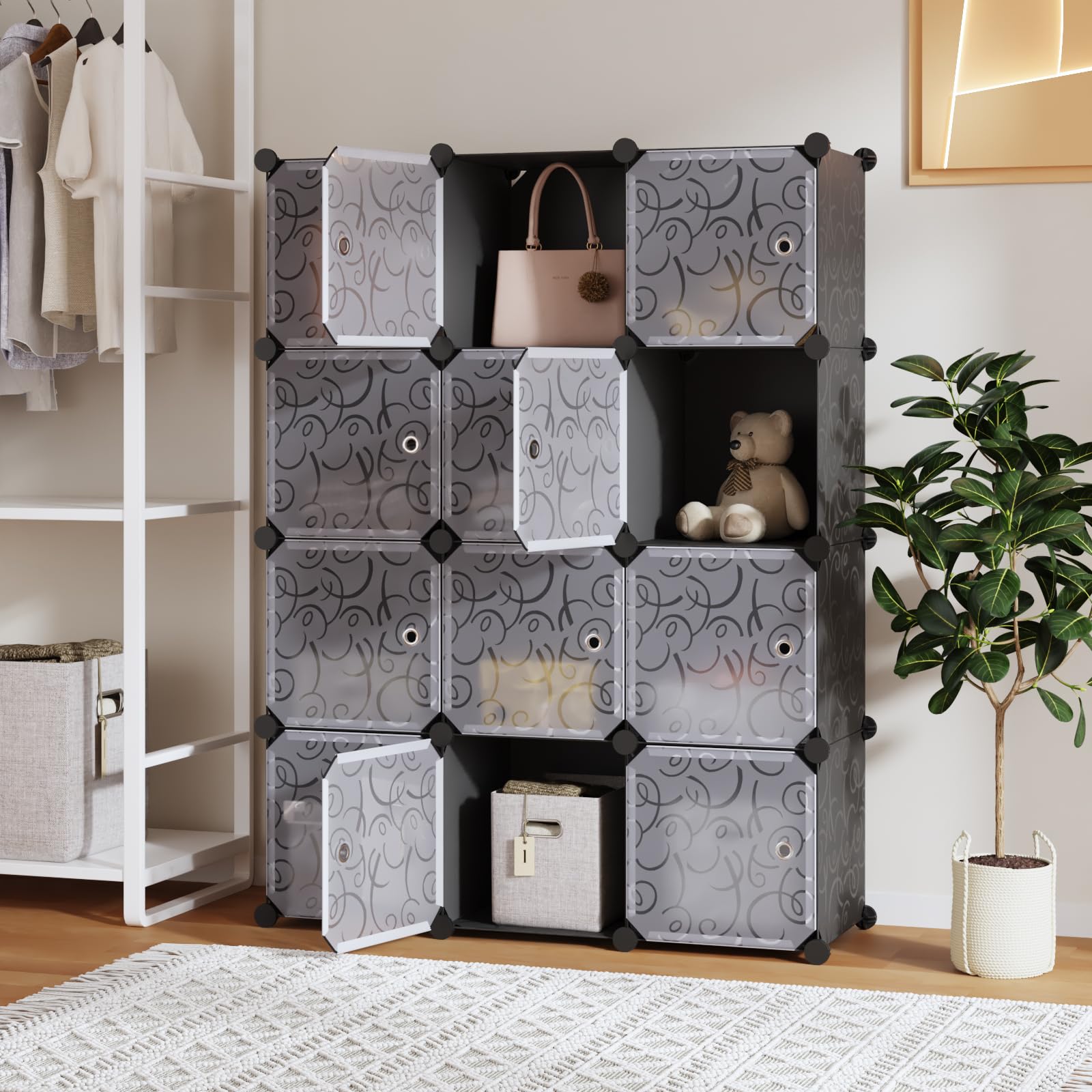 Mondeer Draagbare kledingkast, opbergorganizer met 3 hangende rails, 35 x 45 cm, stapelbaar, 20 kubussen met deur, voor slaapkamer, kleding, schoenen, speelgoed