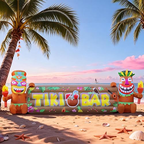 7FT Tiki Luau Inflatables, Two Tiki Hold Tiki Bar, Blow up Party Beach Decor Hawaiian Party Giant Yard Decoration, Outdoor Built-in LED Lights Lawn