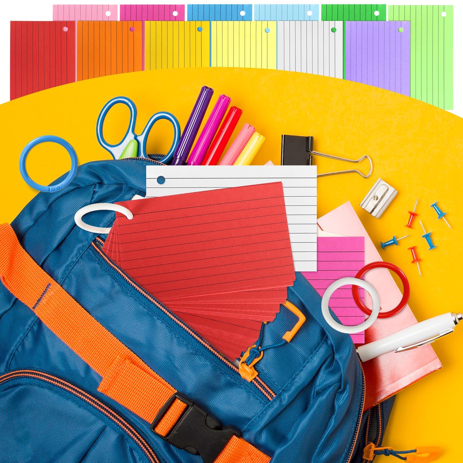 Tecmisse Tarjetas de índice coloridas a granel, 1200 hojas de tarjetas flash con anillos, tarjetas de índice rayadas de 3 x 5 pulgadas, tarjetas de estudio para suministros de aprendizaje y oficina,