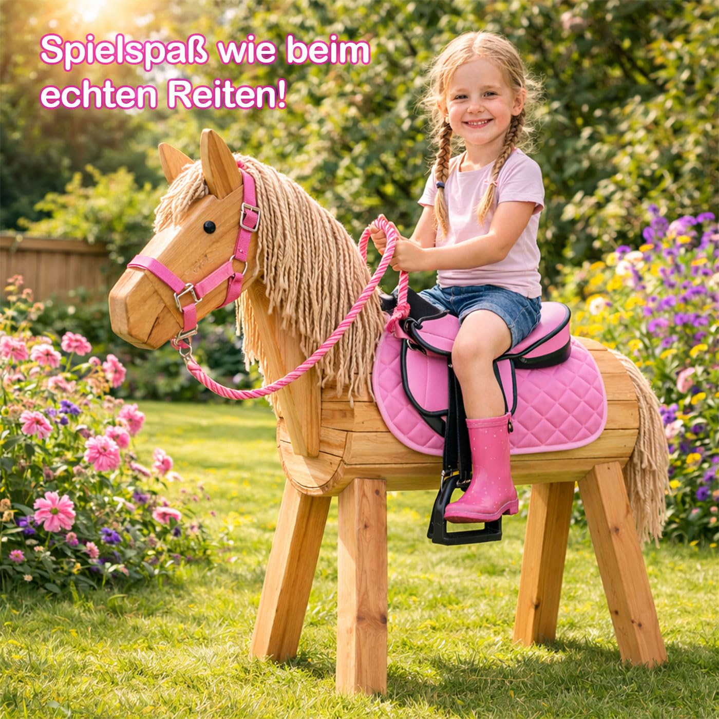 Brama West Juego de silla para shetty infantil "My Little Pony" | Silla para shetty, caballo de madera, caballo de peluche | con funda de silla, cinturón de silla, estribos y correa de estribo - Rosa