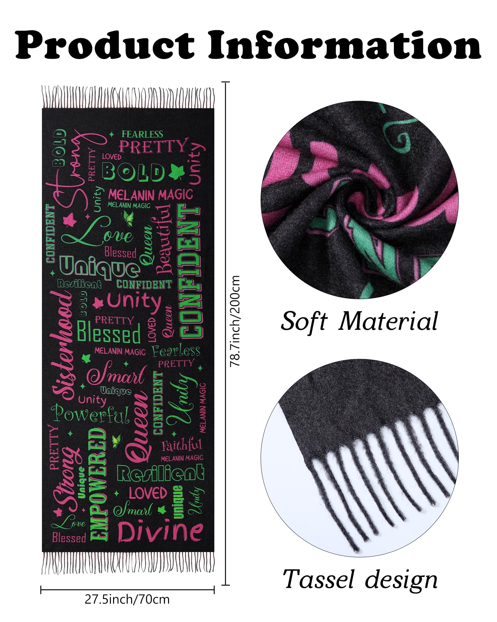 A-ka Sorority Gifts for Women - Black Pink Green Scarf Shawl Blanket with Tassel, Sorority Stuff Paraphernalia Party Favor 81 * 31 Inches