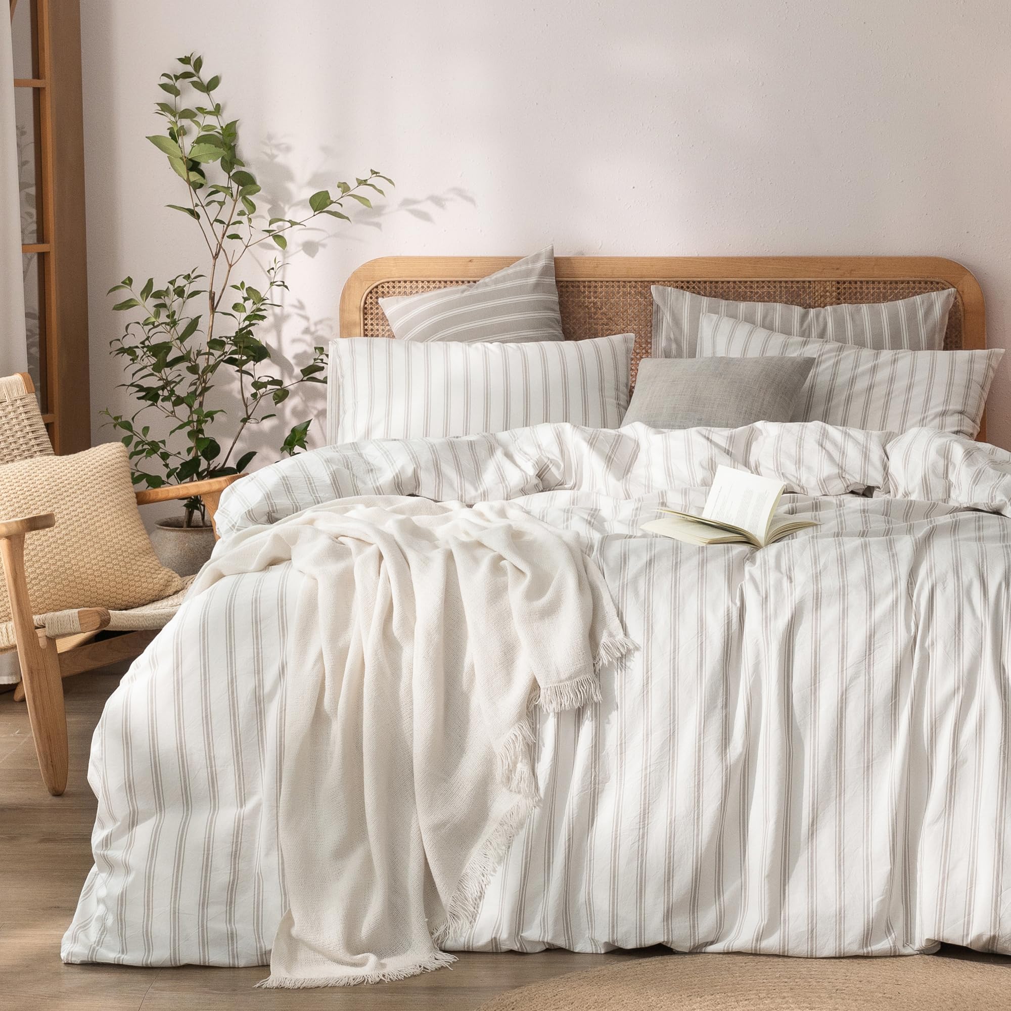 BESTOUCH Striped Cotton Duvet Cover Set Linen Feel Twin