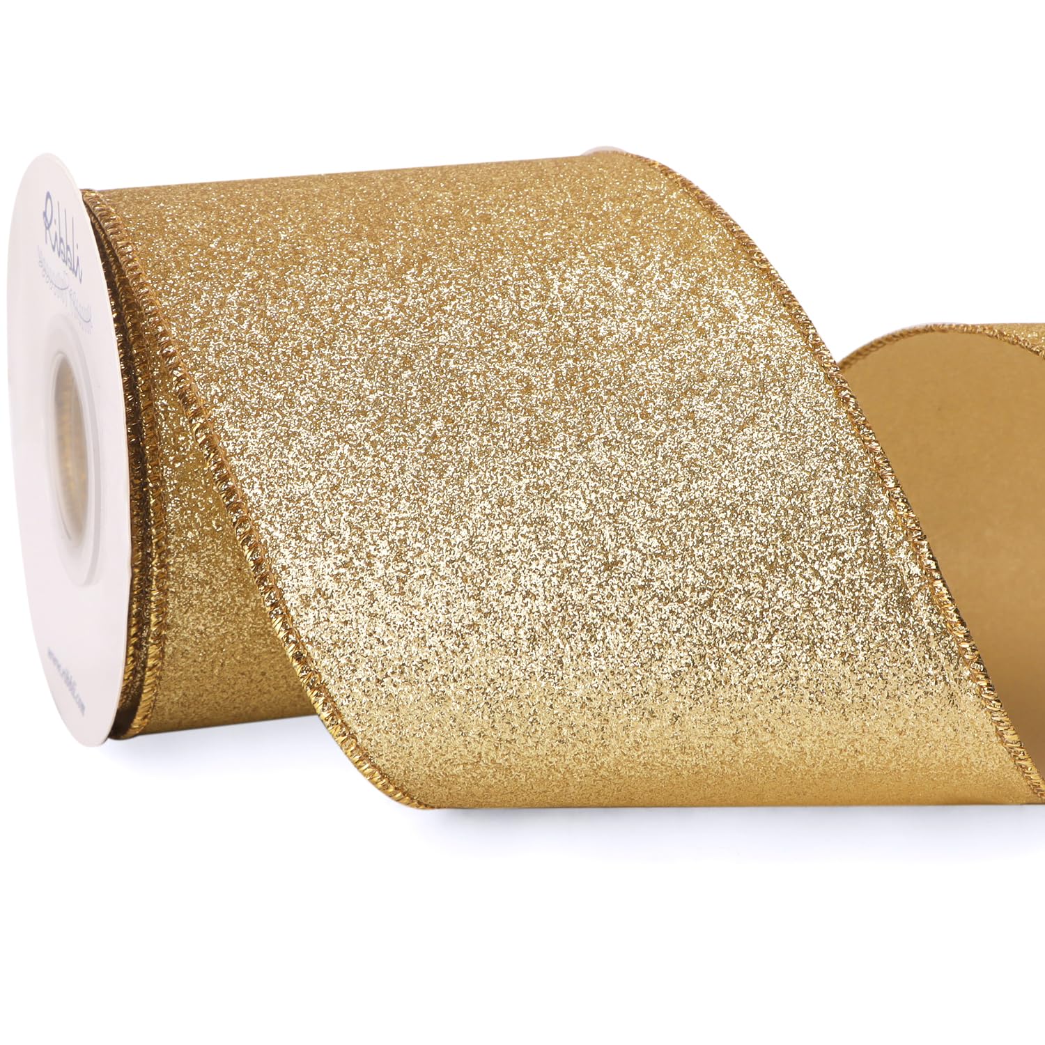 Gold Glitter Wired Ribbon with Metallic Edge, Christmas Ribbon for Wreath, Tree Decoration, Home Decor, 4 Inch x 10 Yards