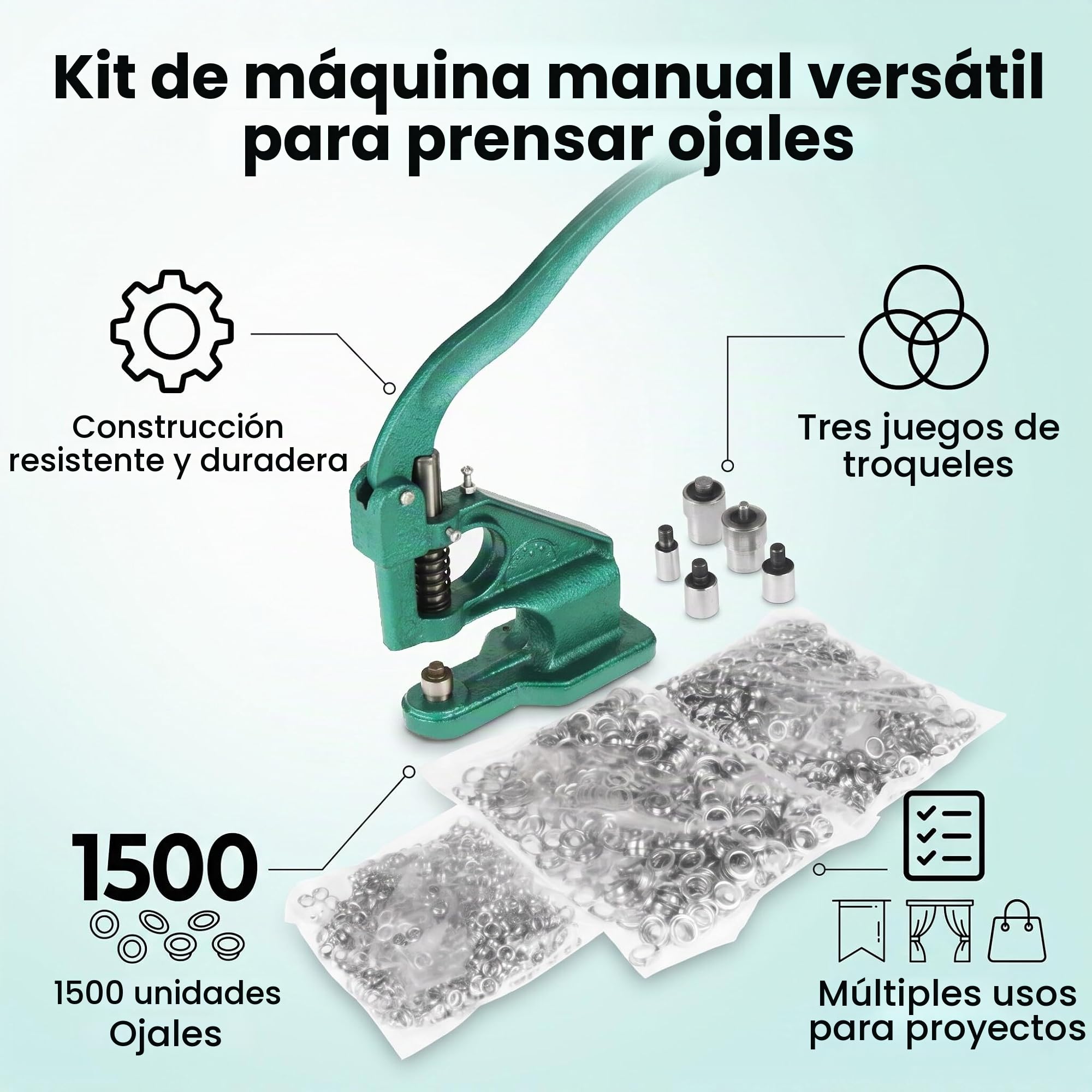 Máquina profesional remachadora de ojales, prensa de rejilla manual Máquina de ojales de mano con 3 troqueles y 1500 piezas de ojales de 6/10/12 mm