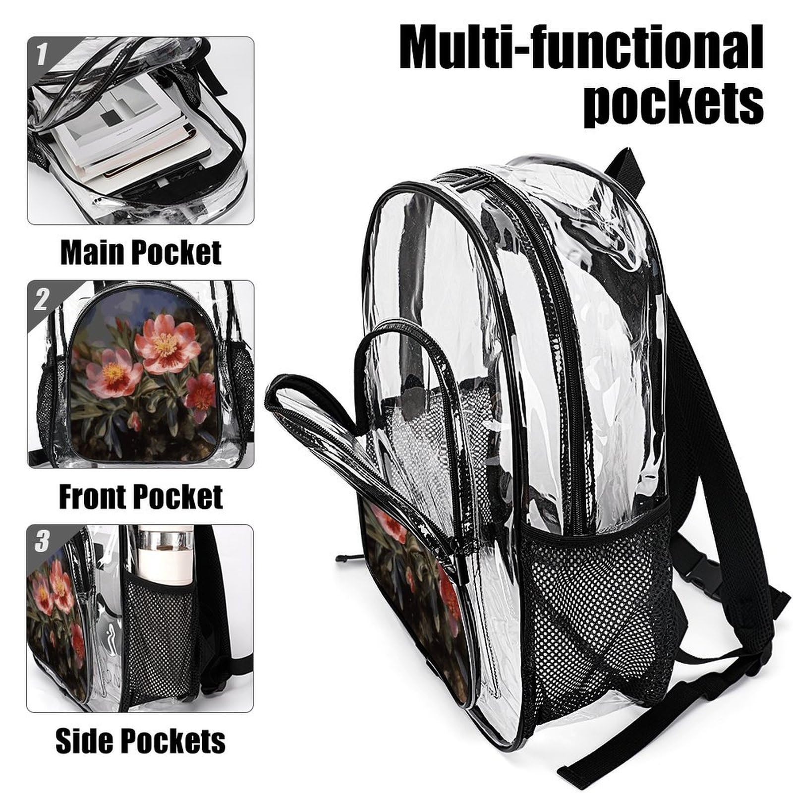 Transparenter Rucksack mit Frühlingsblumen, groß, transparent, PVC, Büchertasche für Sicherheit, Arbeit, Reisen, Stadion