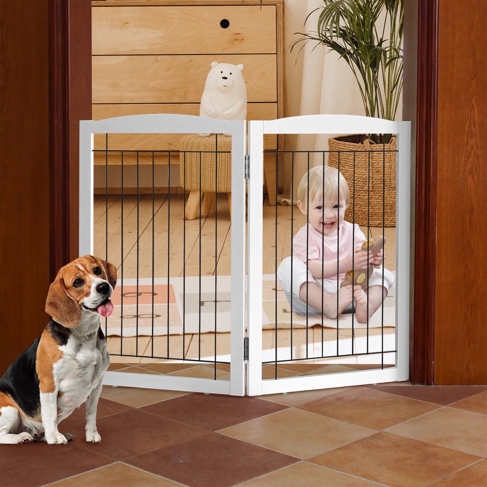ZJSF Freestanding Foldable Dog Gate for House Extra Wide Wooden White Puppy Gate Stairs Dog Gates Doorways Tall Pet Gate 2 Panels Pet Fence