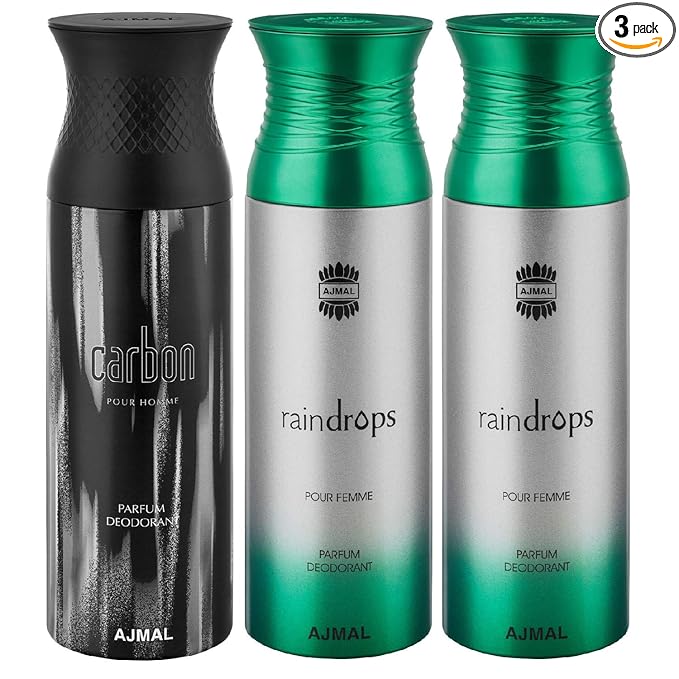 Ajmal Carbon & Raindrops & Raindrops Deodorant Spray – For Men & Women (200 ml, Pack of 3) at Rs. 430