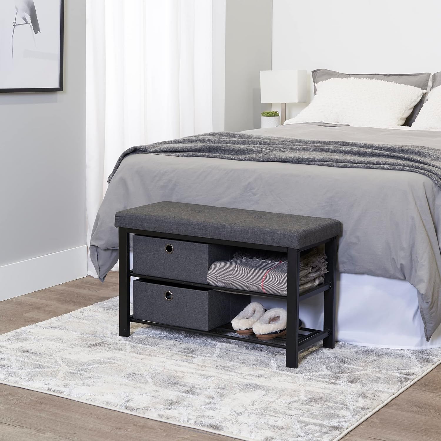 Charcoal Upholstered Shoe Storage Bench with Drawers