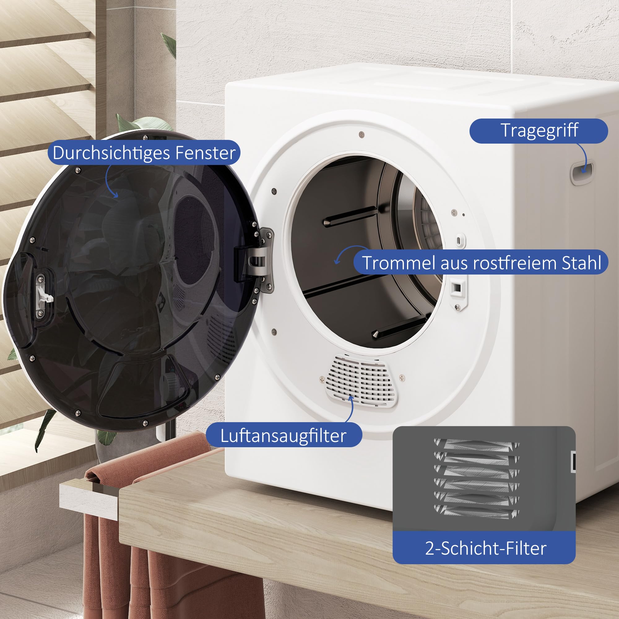 HOMCOM Mini Wäschetrockner 4 kg mit 4 Programme bis zu 65℃ 850W Freistehend Wandmontierbar Ablufttrockner mit 2 Heizstufen, Sterilisation, Edelstahltrommel Trockner für Kleidung Wohnmobile Weiß