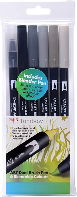 Tombow ABT Dual Brush Pen includes Blender Pen - Grey Colours (Pack of 6)