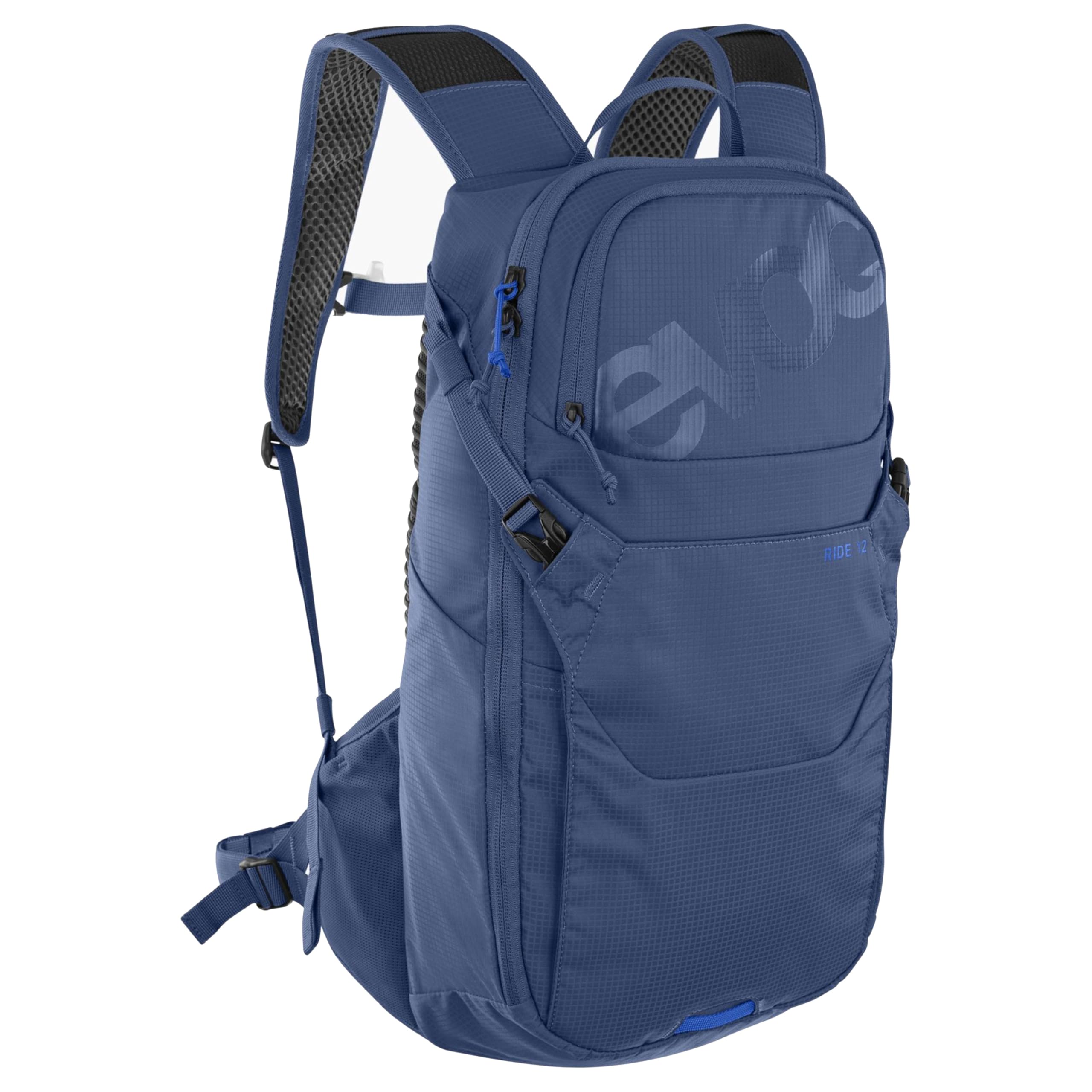 EVOC RIDE 12 protector bike backpack, trekking backpack for trails & everyday use (clever pocket management, AIR-PAD back padding, helmet holder, backpack), denim