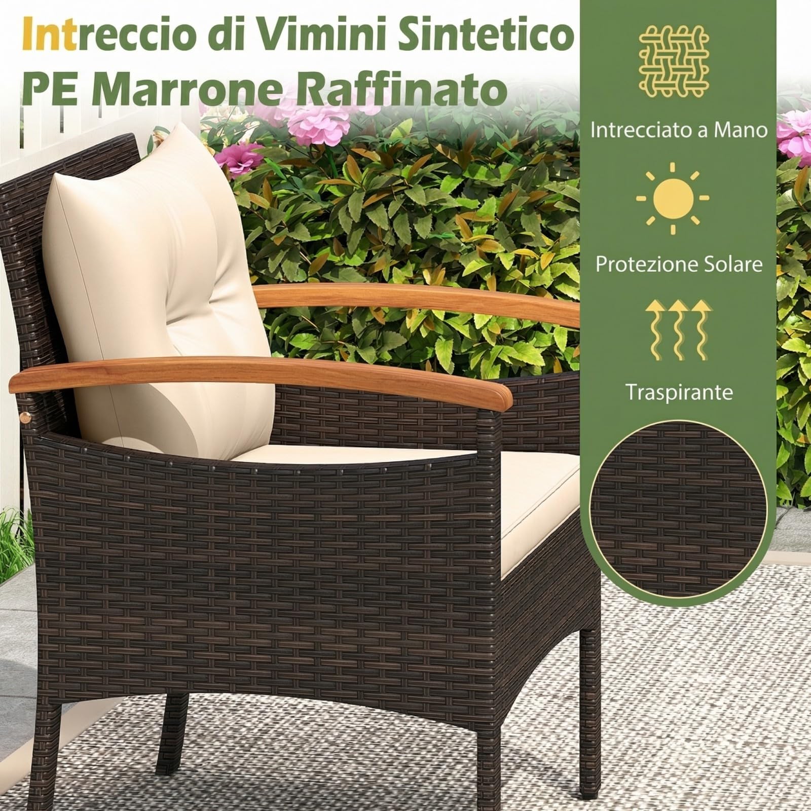 SOARS Salotto da Giardino in Rattan PE, Salottino da Esterno 3 Pz, 2 Poltrone con Braccioli e Schienale, 1 Tavolino con Piano in Legno Massello, per Terrazzo, Balcone, Patio (Marrone+Beige)
