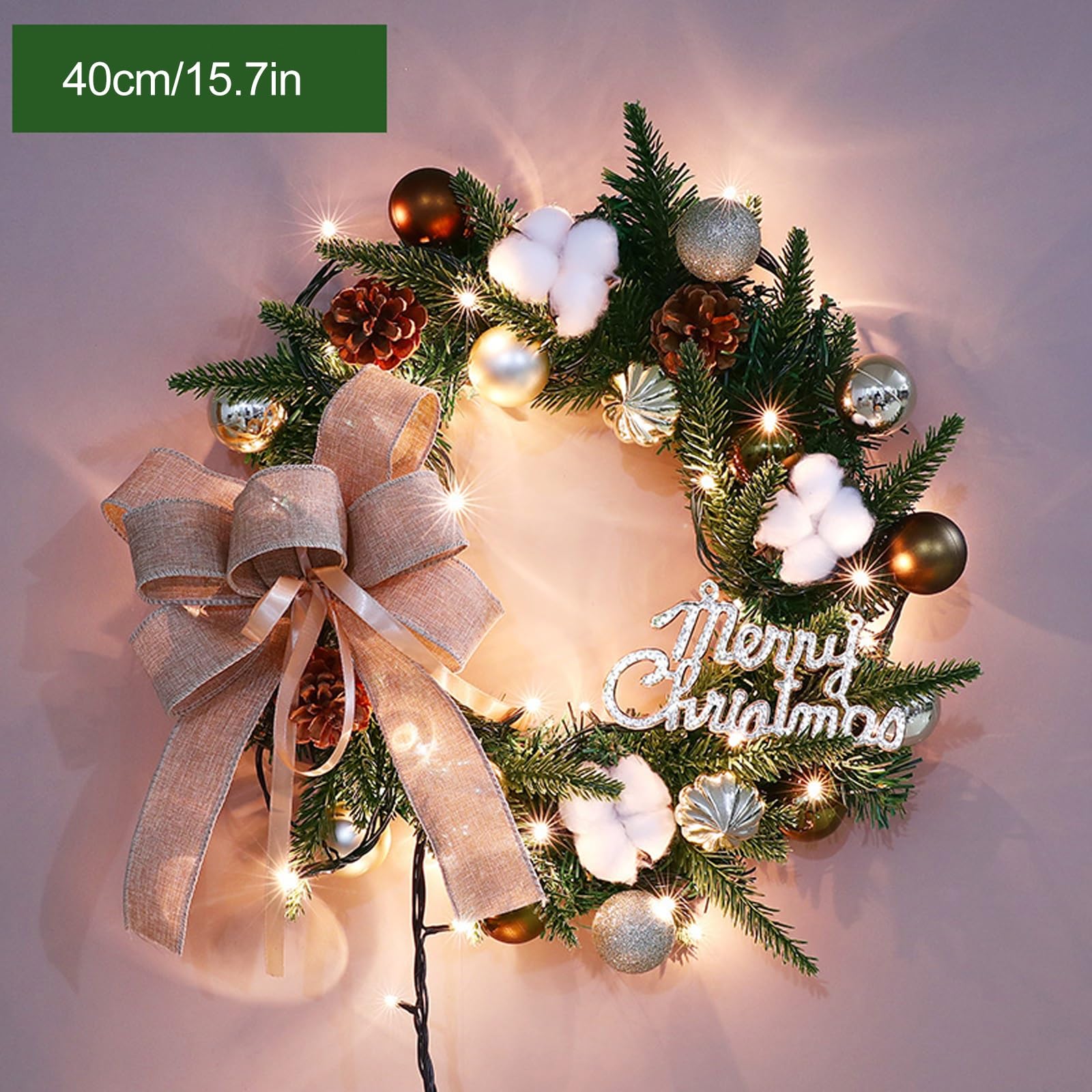 Corona navideña, Guirnalda de Puerta con Cadena Luces LED, piñas, Cinta, algodón, Decoraciones Bolas, decoración del hogar, Fiesta navideña for Principal, Ventana, Pared(40cm/15.7in)