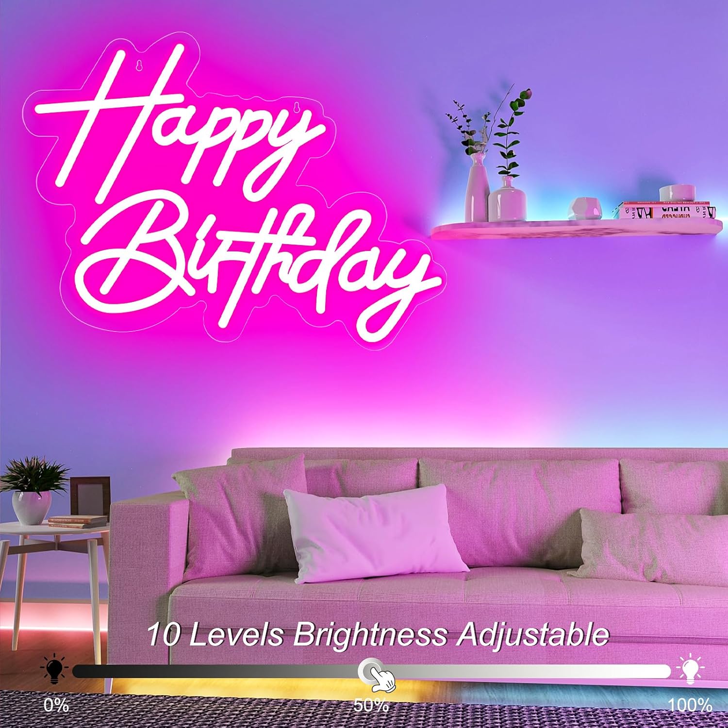 Happy Birthday Neon Sign for Wall Decor, USB Powered LED Neon Sign with Dimmable Brightness, Ideal for All Ages Birthday Parties and Celebrations, With 2 Pcs Birthday Cards (17×12 Inch)