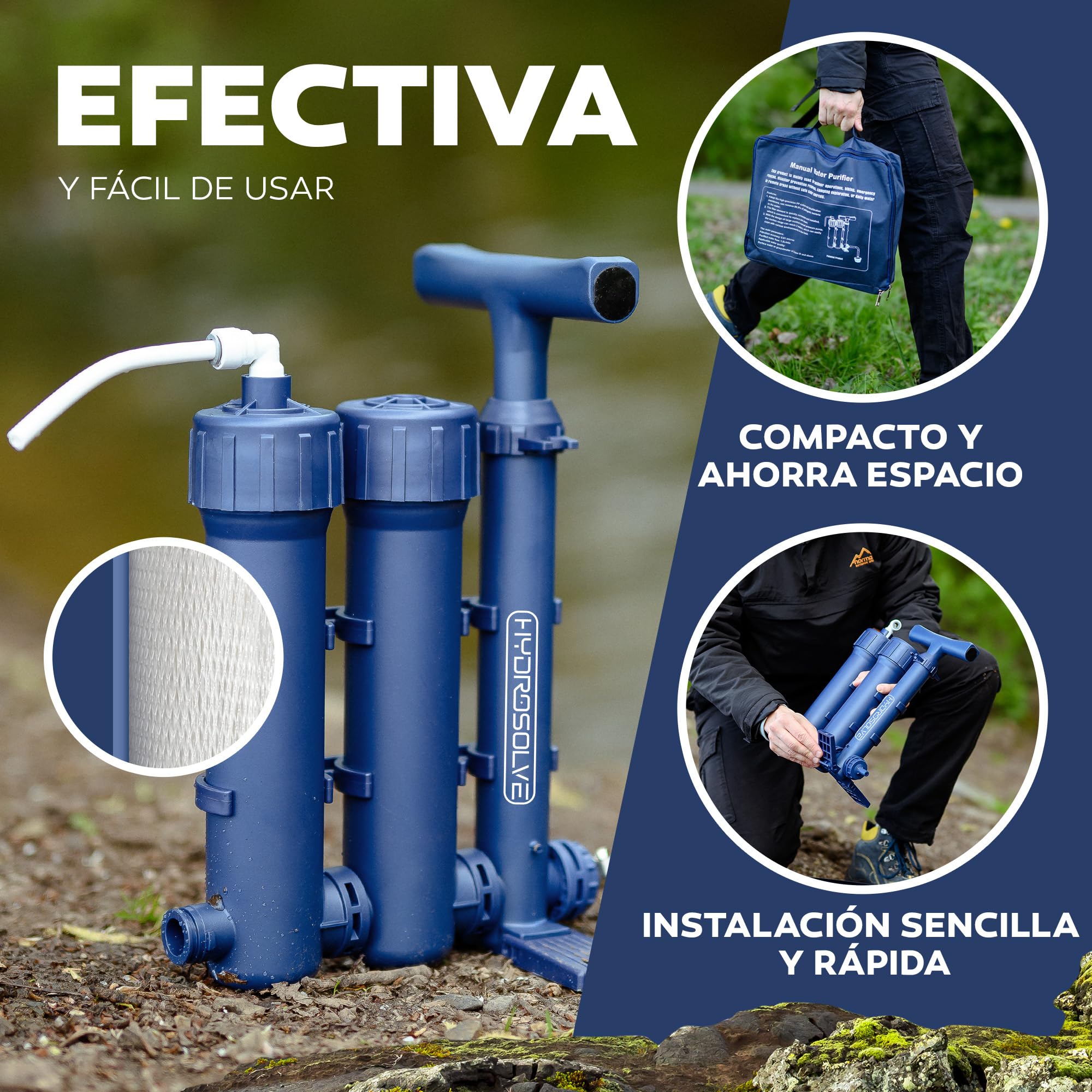 HYDROSOLVE - Filtro de agua portátil para exteriores, sistema de tratamiento de agua de emergencia con bomba de mano, filtración para senderismo y camping (filtro de agua)