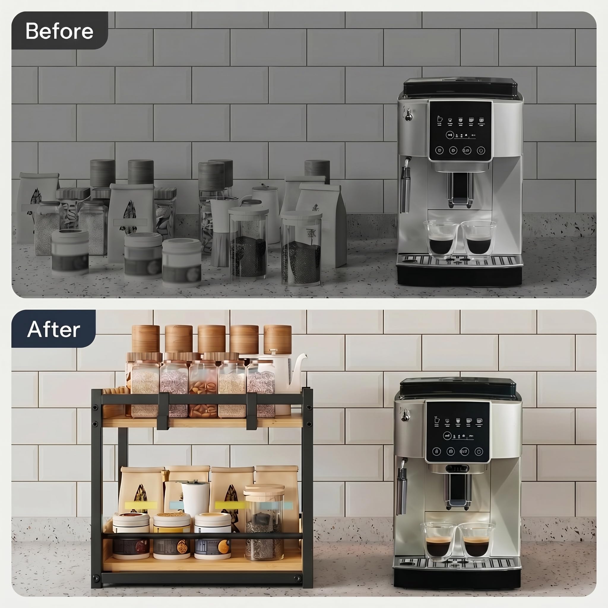 Organizzatore da banco a 2 ripiani in bambù naturale, moderno portaspezie industriale con ripiano estraibile e ganci, elegante contenitore per cucina e casa
