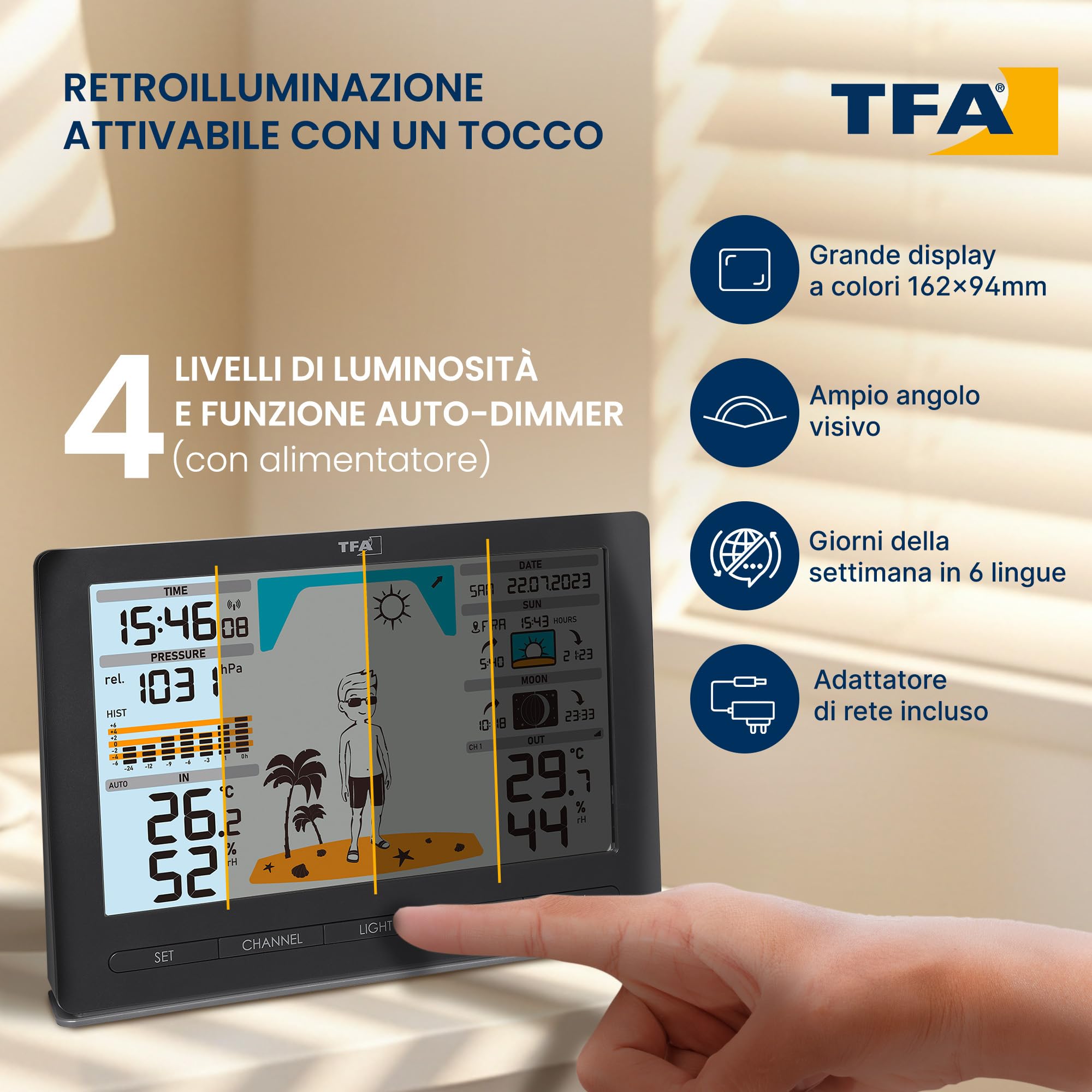 TFA Dostmann Stazione Meteo Wireless METEO JACK, 35.1097.01, con Sensore Esterno Radiocontrollato, Previsioni del Tempo, Pressione Atmosferica, Fasi Lunari, Orologio Radio, Nero