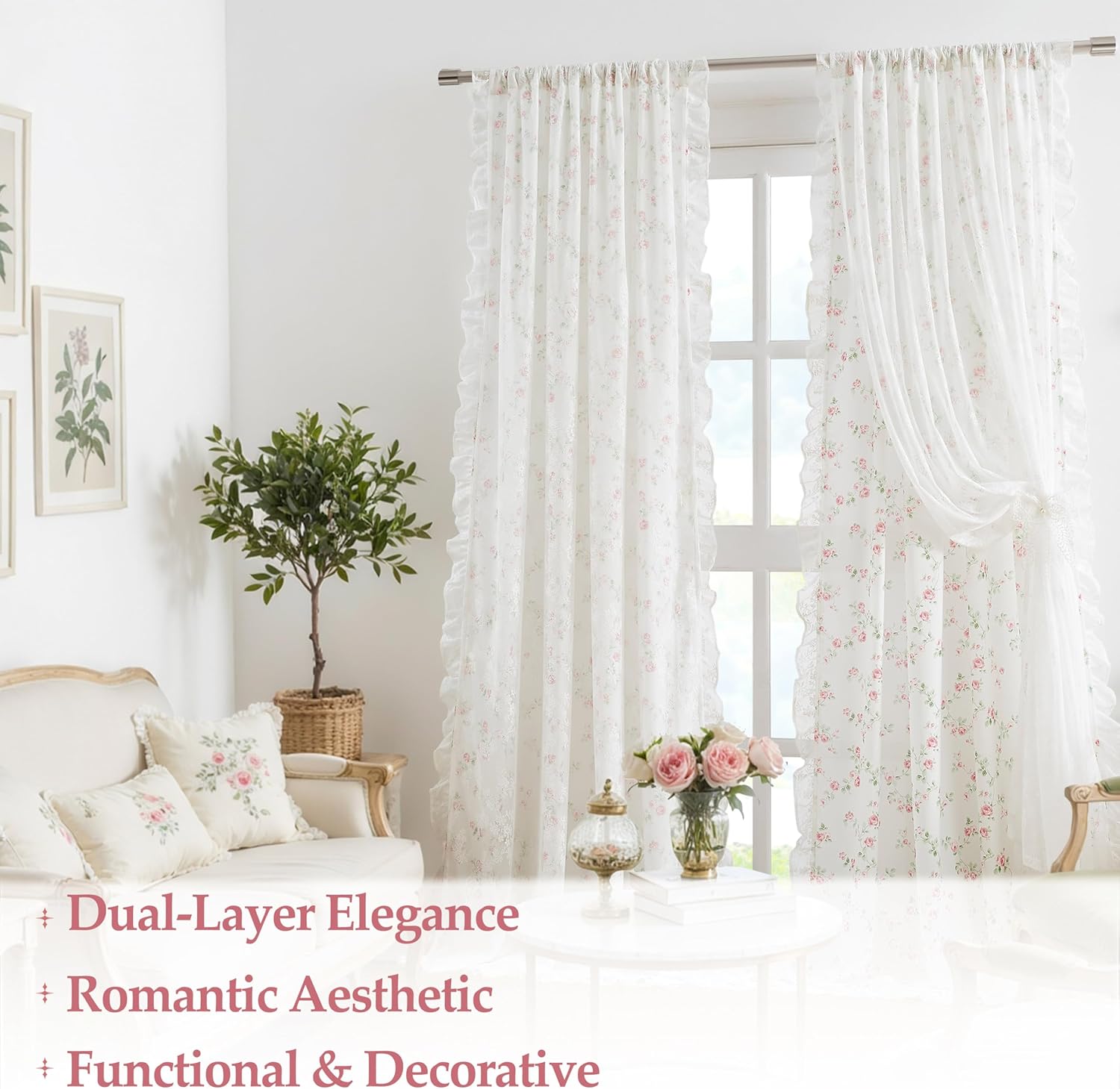 ZJDECOR Not-See-Through Sheer Overlay Curtains 63 Inch,Pink Floral Green Leaf on White Drapes with Lace Ruffle Edges,French Romantic Window Treatment for Girls Room Bedroom Living Room,Rod Pocket,Pink