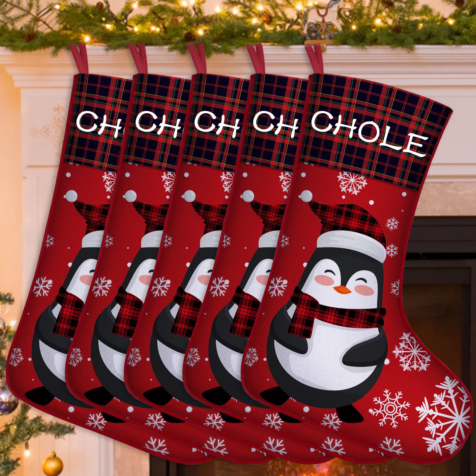 Juego de 2 medias de Navidad personalizadas de pingüino con nombres, medias de Navidad personalizadas, decoraciones personalizadas, regalos para la familia de 5