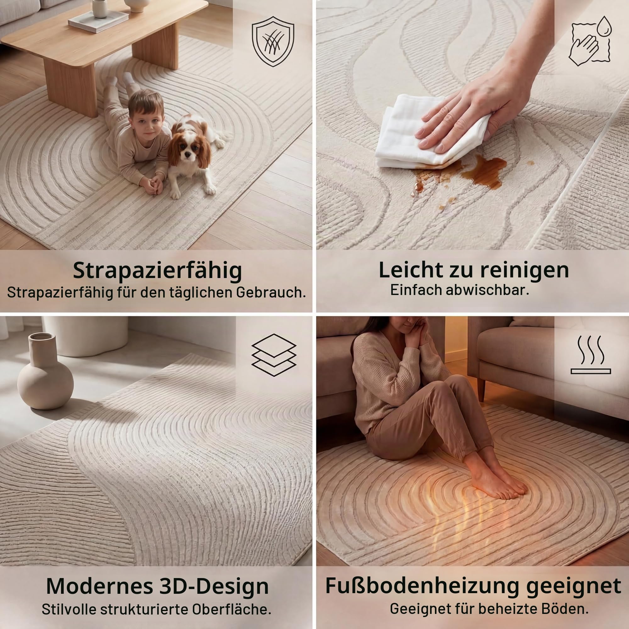 Paco Home Moderner Wohnzimmer Teppich Kurzflor Skandinavisch Japandi Stil Panglao Einfarbig Hoch-Tief-Effekt Abstraktes Muster 3D Effekt weicher Flor Creme - Wellen, Größe:160x220 cm
