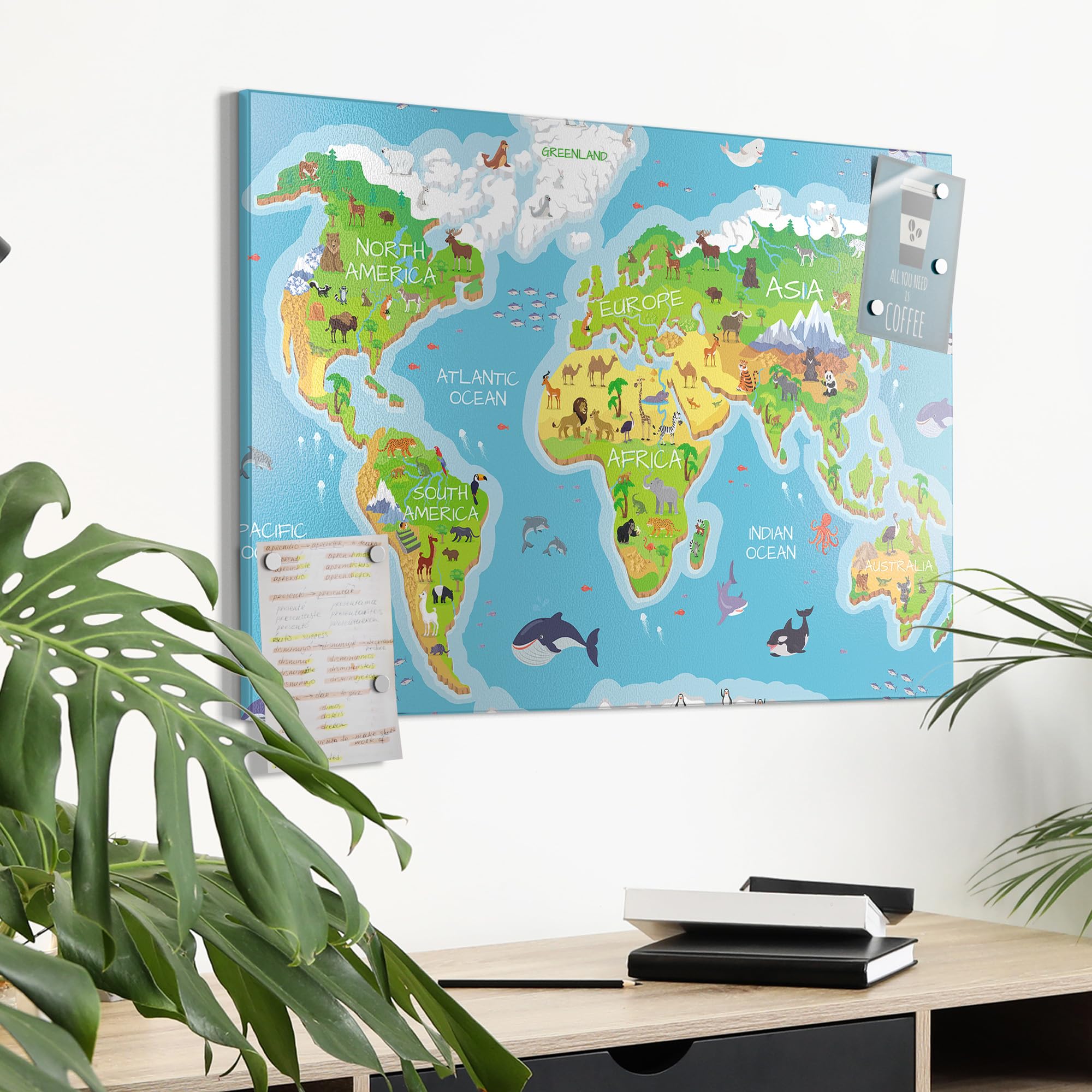 DEQORI Pizarra magnética de metal, 60 x 40 cm, diseño de mapa del mundo infantil para todos los imanes, pizarra magnética de pared para cocina y oficina, diseño magnético