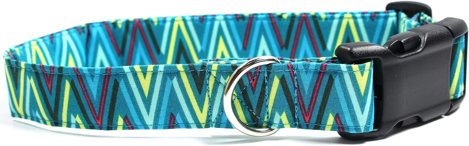 Rainforest Chevron, Teal Designer Cotton Dog Collar, Adjustable Handmade Fabric Collars (L)