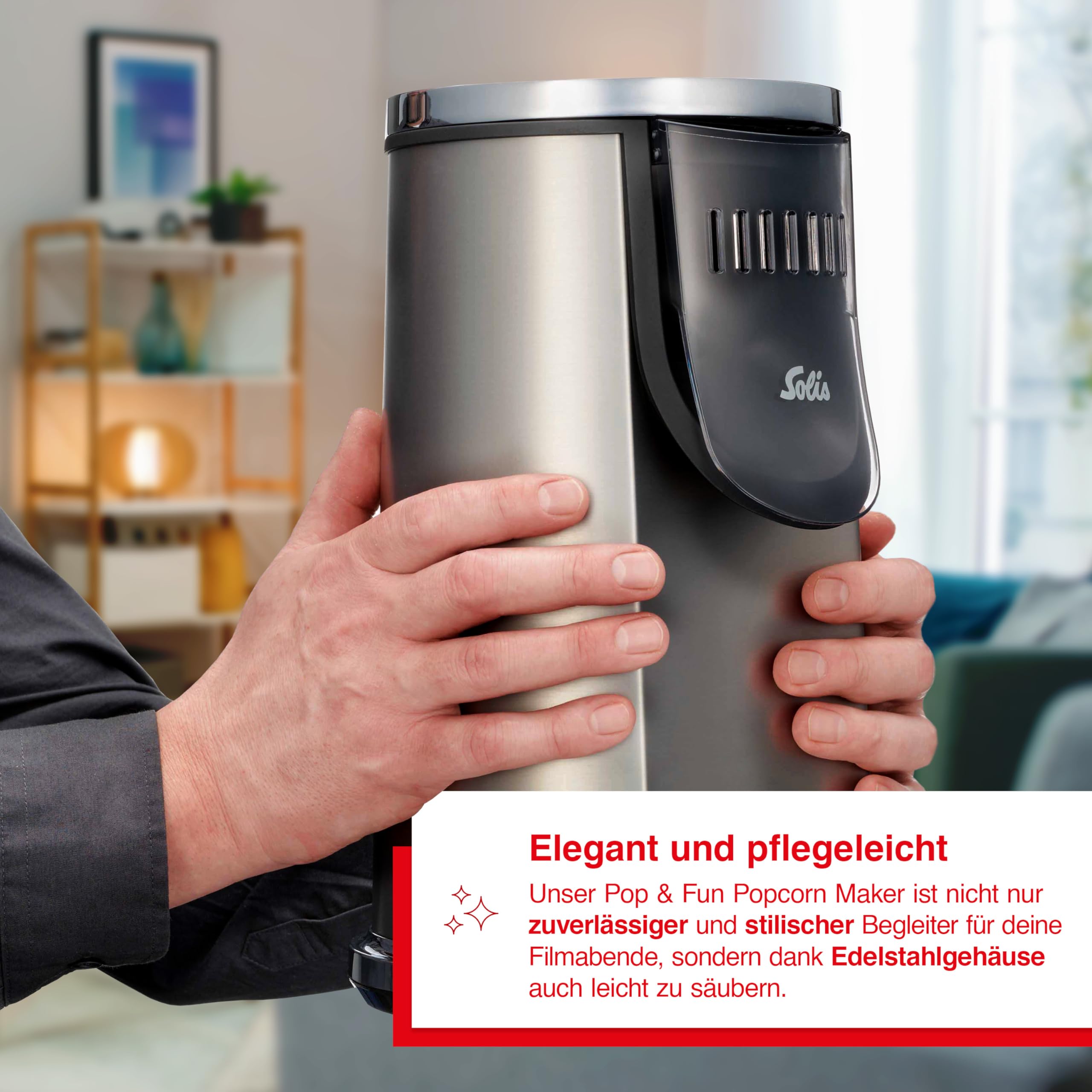 Solis Pop & Fun Popcornmaschine – schnelle & geräuscharme Zubereitung, Edelstahl, 2-in-1 Butterschmelzfunktion, BPA-frei, Anti-Fingerprint – für Popcorn zuhause & Filmabende