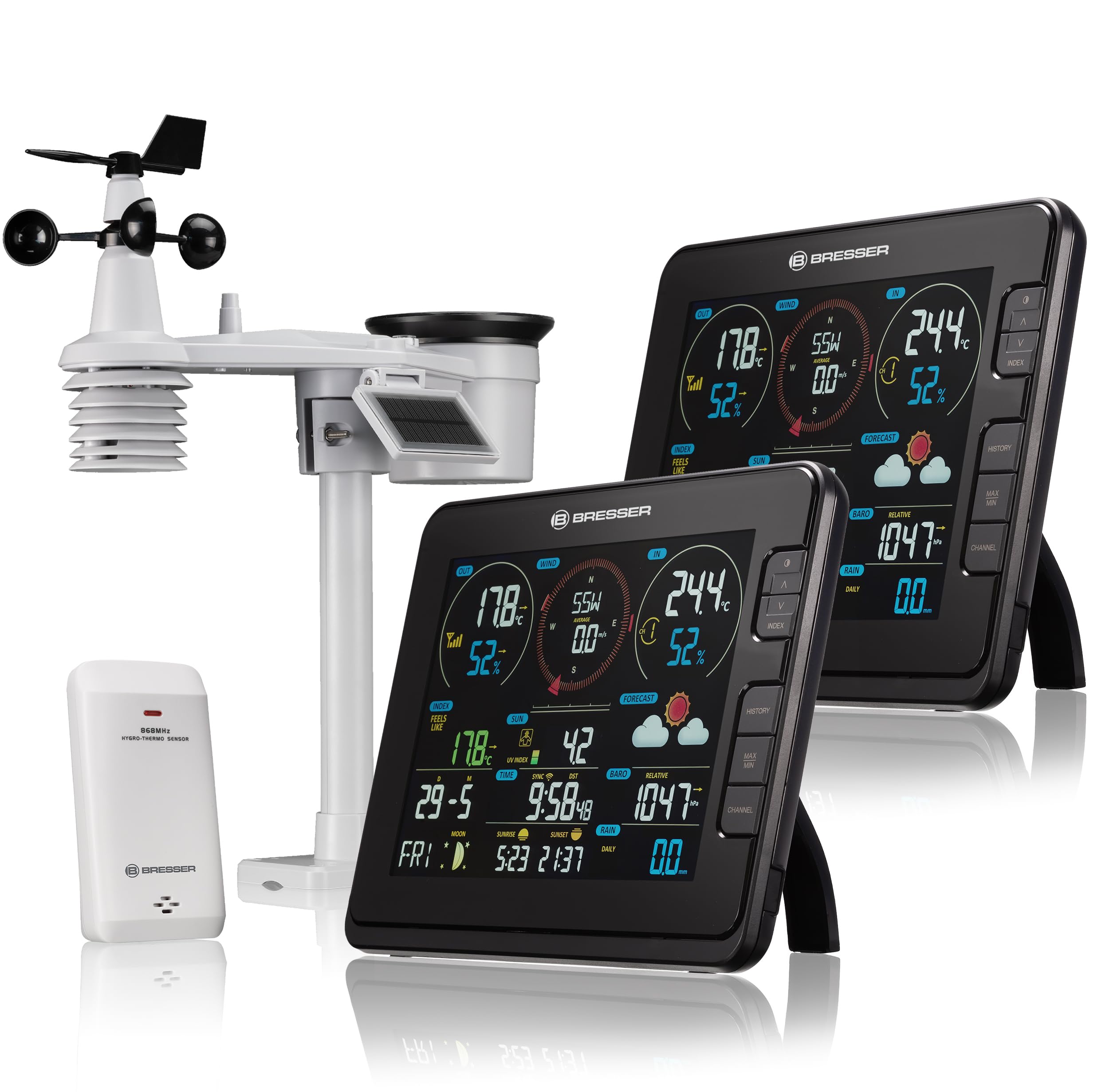 Bresser Stazione meteo WiFi professionale 7 in 1: numerose funzioni di misurazione con 2 stazioni di base a colori e misurazione dell'intensità della luce UV | Temperatura, umidità, pluviometro, anemometro, previsioni meteo, Wifi, UV, luminosità, 2 consol