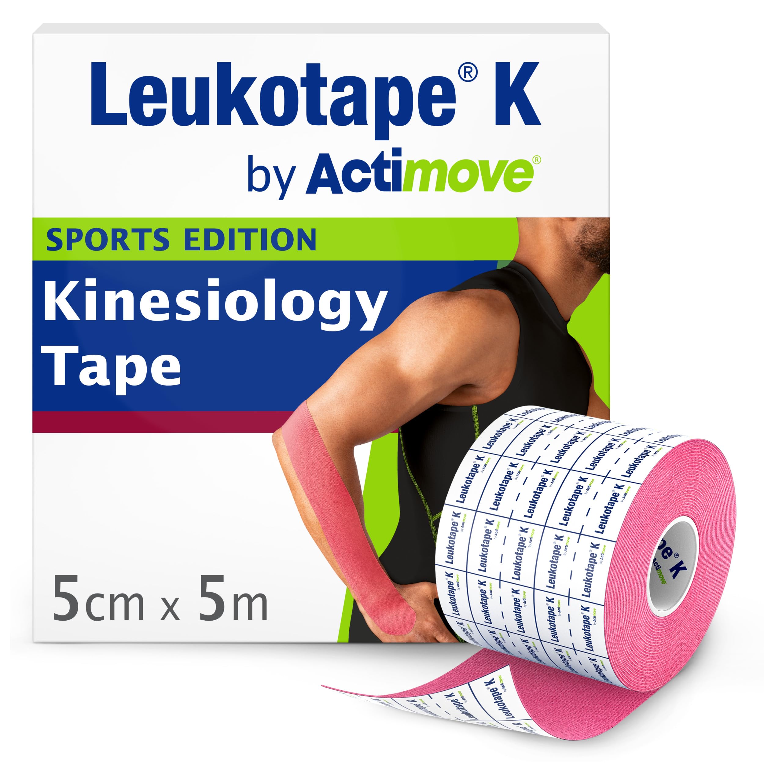 Leukotape K by Actimove Sports Edition Kinesiology Tape for Muscle Support and Pain Relief, 5cm x 5m, Pink, 1 Roll