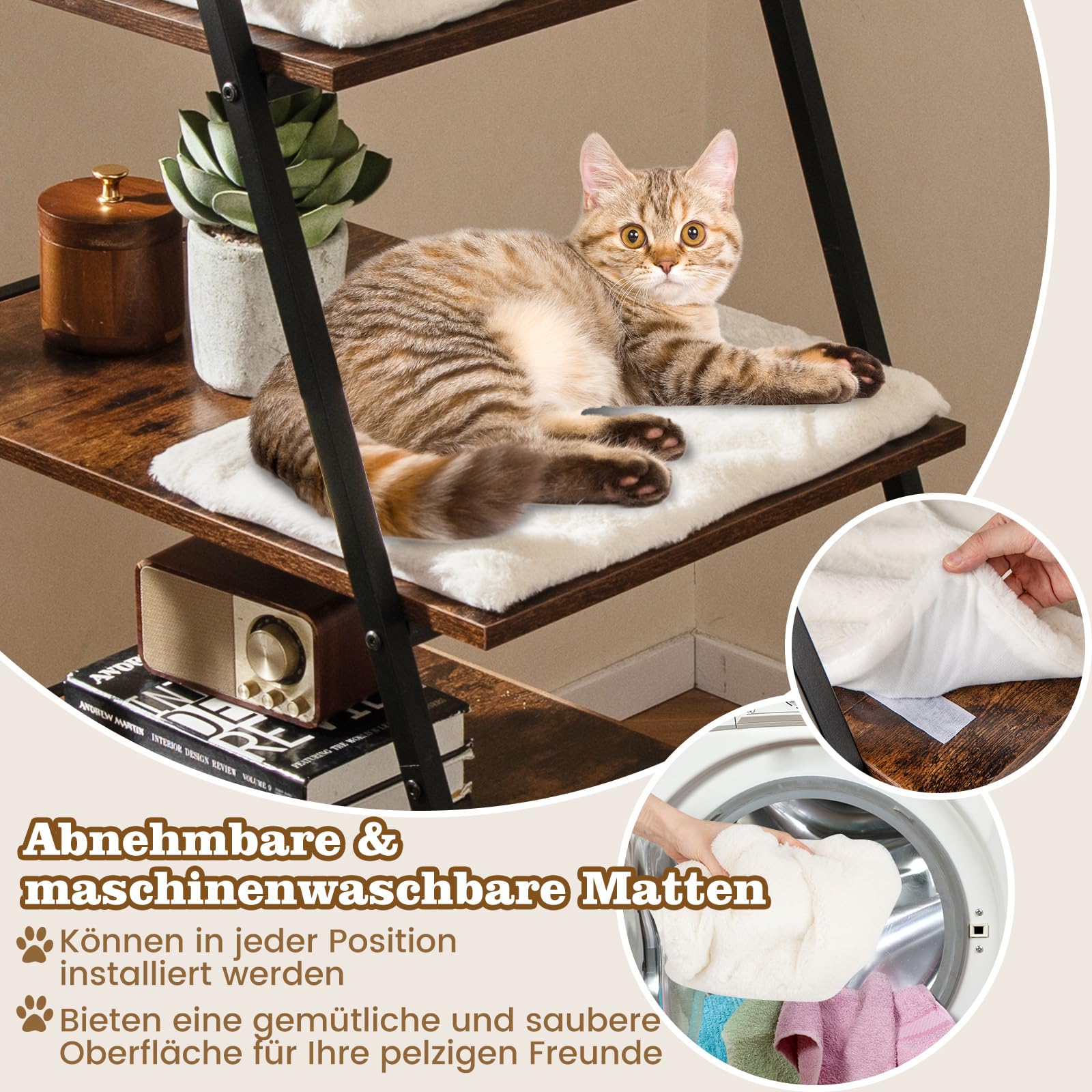 COSTWAY Kattenkast met ladderplank, kattenbakkast voor kattenbak, met uitneembare pluchen matten & ingang, kattenhuis met plank voor katten en honden, huisdieren, kattenmeubels voor binnen, wit