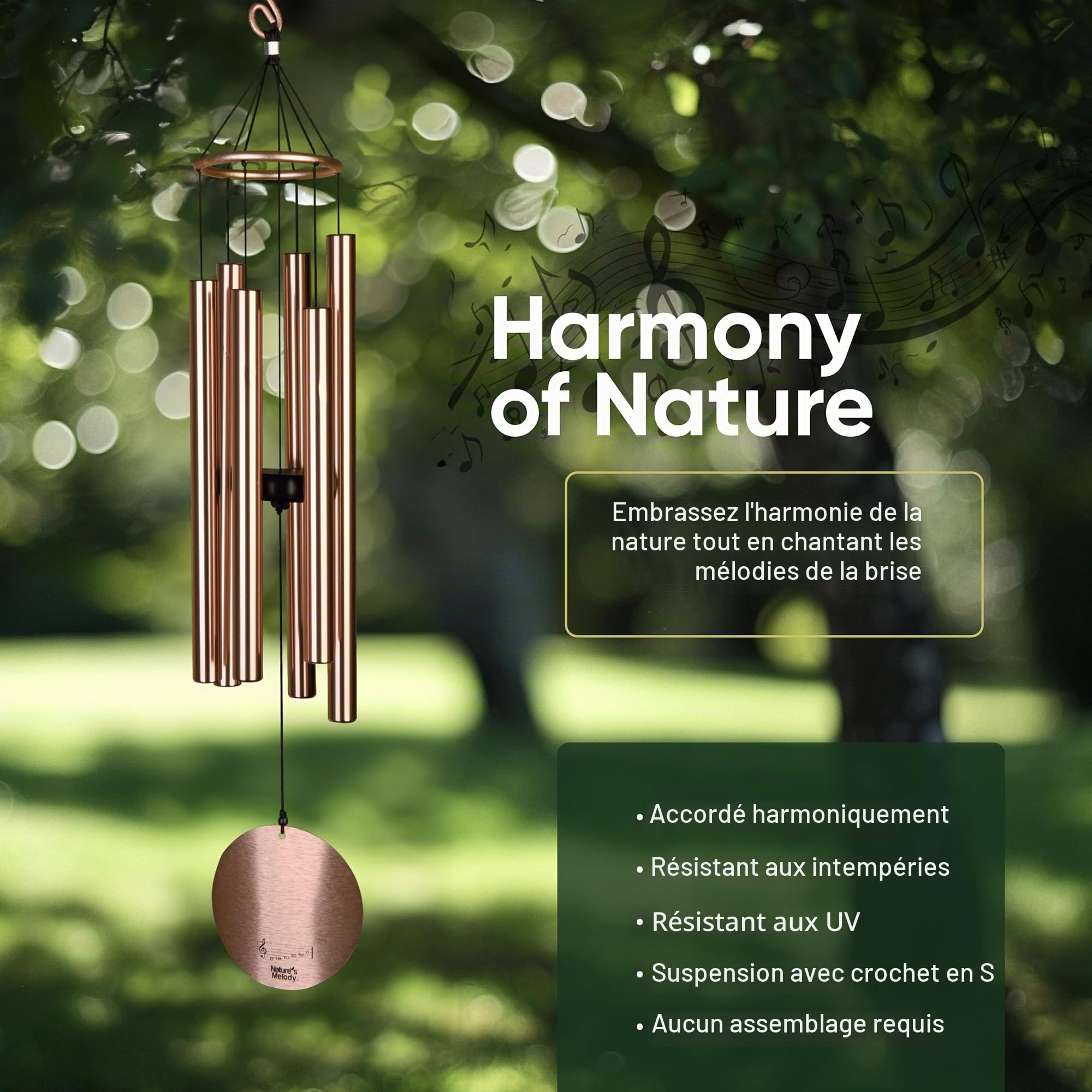Nature's Melody Aureole Tunes Carillon à vent d'extérieur, 6 tubes, gamme pentatonique de Mi, aluminium inoxydable, finition poudrée, crochet en S, pour condoléances, cadeau commémoratif, jardin zen