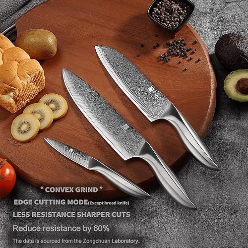 Miniatura 5 de Juego de 3 cuchillos de chef de Damasco, experiencia de corte ultra suave y afilado de grado profesional, juego de cuchillos de cocina, diseño