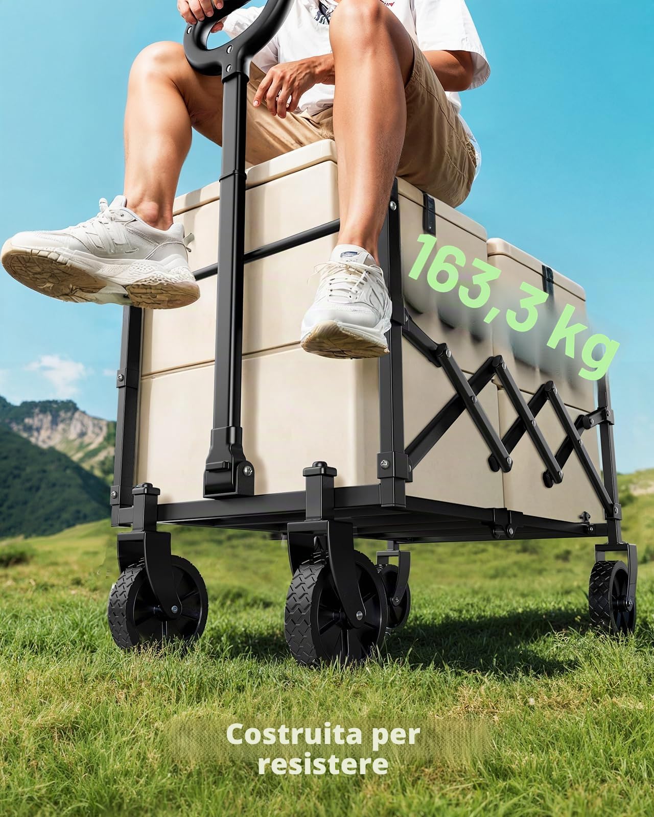 AMADA HOMEFURNISHING Carrello pieghevole, con carico massimo di 163 kg e stoccaggio espandibile, carrello pieghevole da 90L con 2 supporte tazze per all'aperto, alimentari, giardino e campeggio