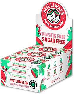 Milliways Watermelon Chewing Gum, Plastic Free, Sugar Free, Aspartame Free, Natural | 12 Packs of 10 Pieces (120 Pieces Total) | Xylitol, Plant-Based, Biodegradable