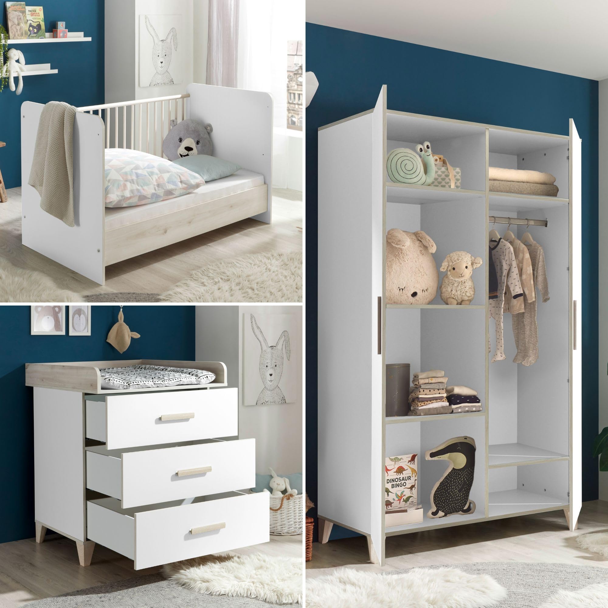 Stella Trading PRIZZI Complet Aspect Ensemble de Meubles pour Chambre 3 pièces composé d'une Armoire, d'un lit de bébé et d'une Commode à Langer, Bois, Blanc/Aurum, Komplett-Set 2