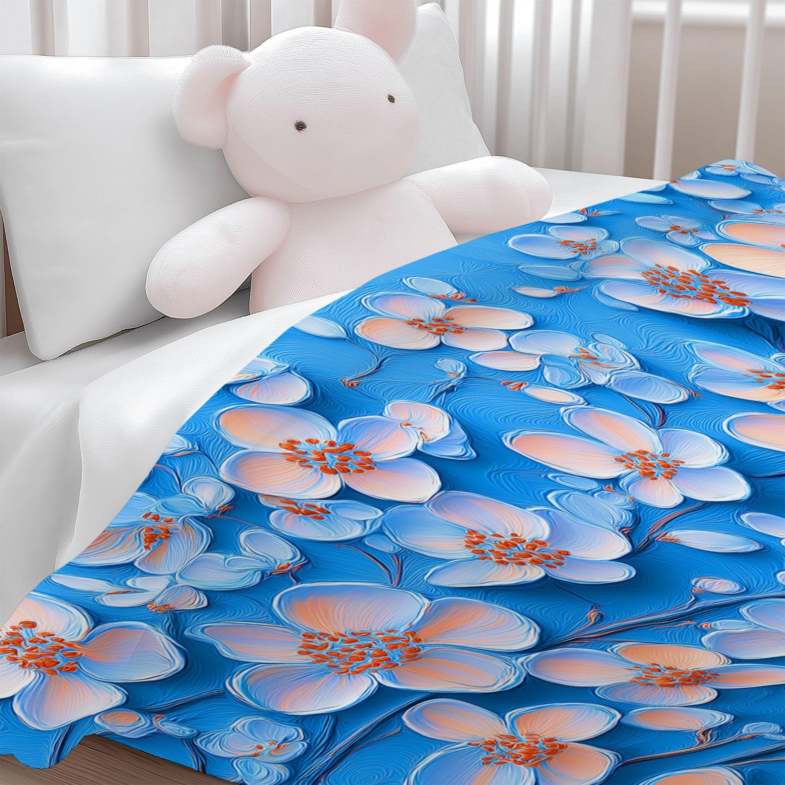 Manta de Franela Estampada Plantas 3D Flores De Albaricoque Elegantes, 220 x 240 cm Manta de Microfibra Suave Anti-Pilling para sofá Cama decoración de sofá Viajes Camping, Azul