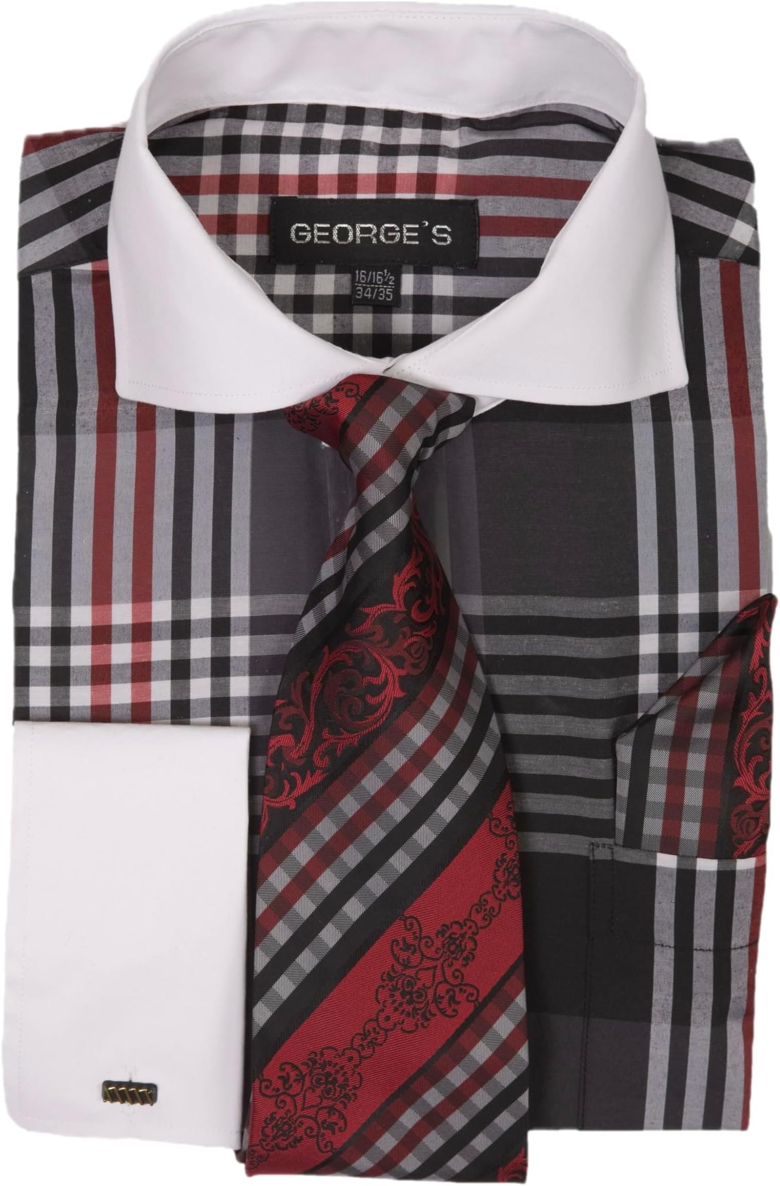 Men's Plaid Two-Tone with White Collar and French Cuffs, Dress Shirt with Tie & Handkerchief AH626