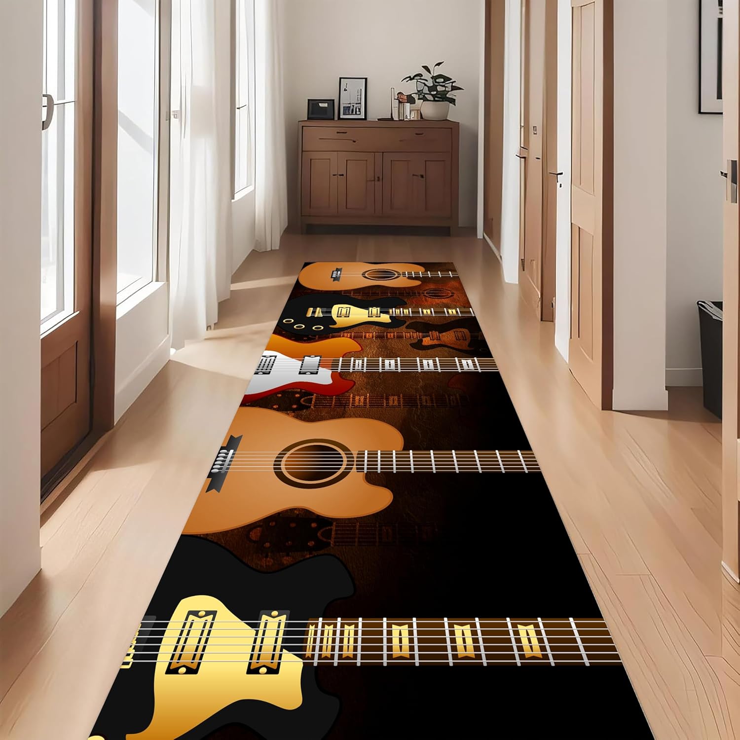 Guitar Runner Hallway Rug, 2x6ft Colorful Gradient Fashion Electric Guitar Design Pattern Rug, Non-Slip Living Room Floor Mat Music Atmosphere Decorative Hallway Carpet, Music Lover Home Decor