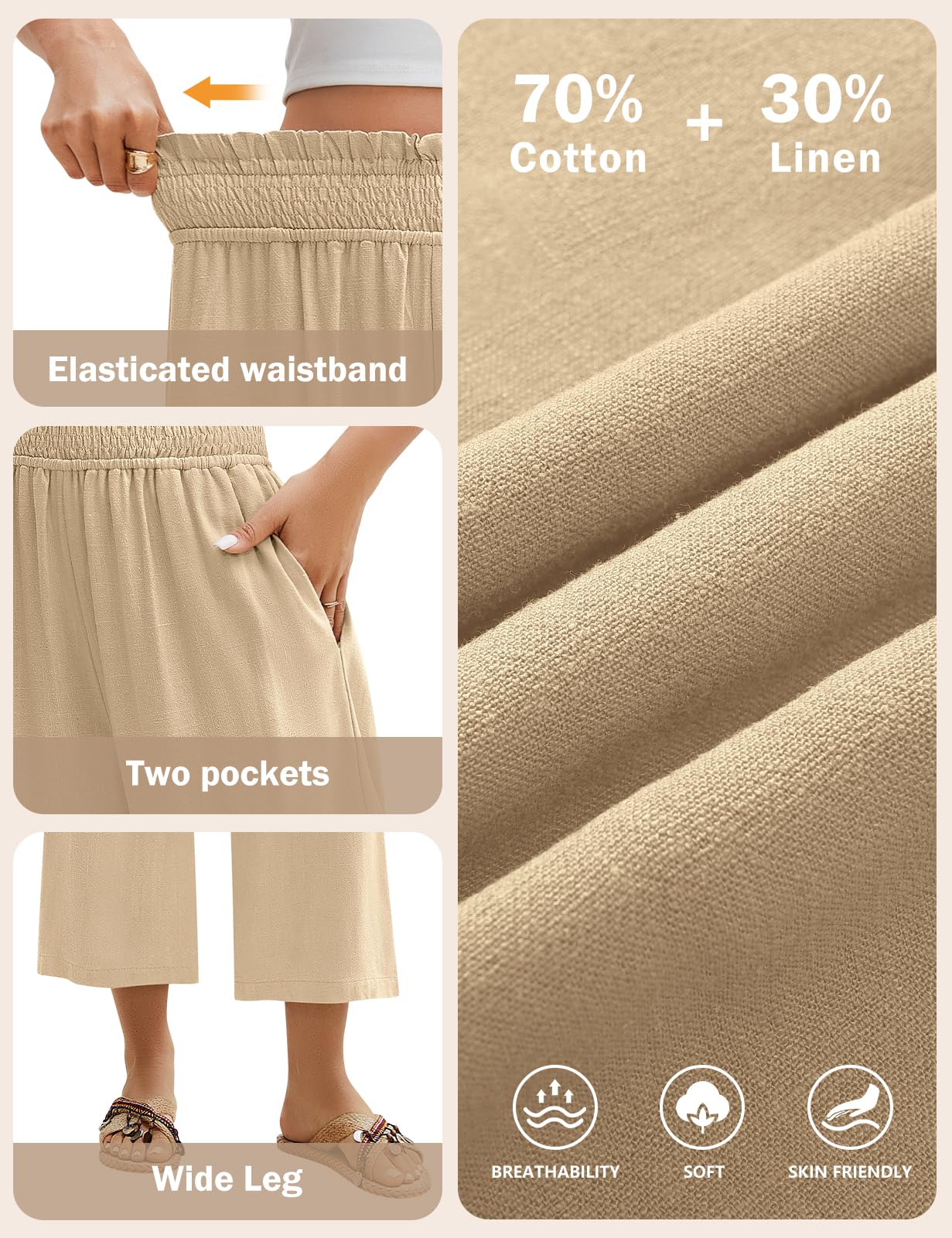 Niwicee Leinenhose Damen Hose Sommer 3/4 Culotte Weite Bein Sommerhose Elastische High Waist Leichte Loose Freizeithose Elegante Lounge Hosen mit Taschen