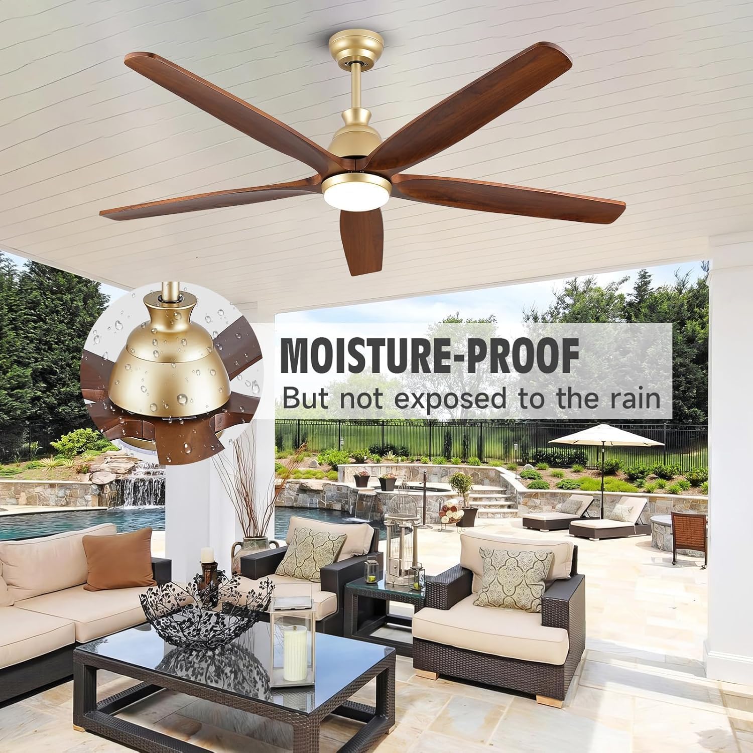 Modern Gold Ceiling Fan with Lights 60 Inch Farmhouse Outdoor Ceiling Fan for Patios Remote Control 5 Blade Walnut Fan with Dimmable Light Reversible DC Motor for Bedroom Gazebo