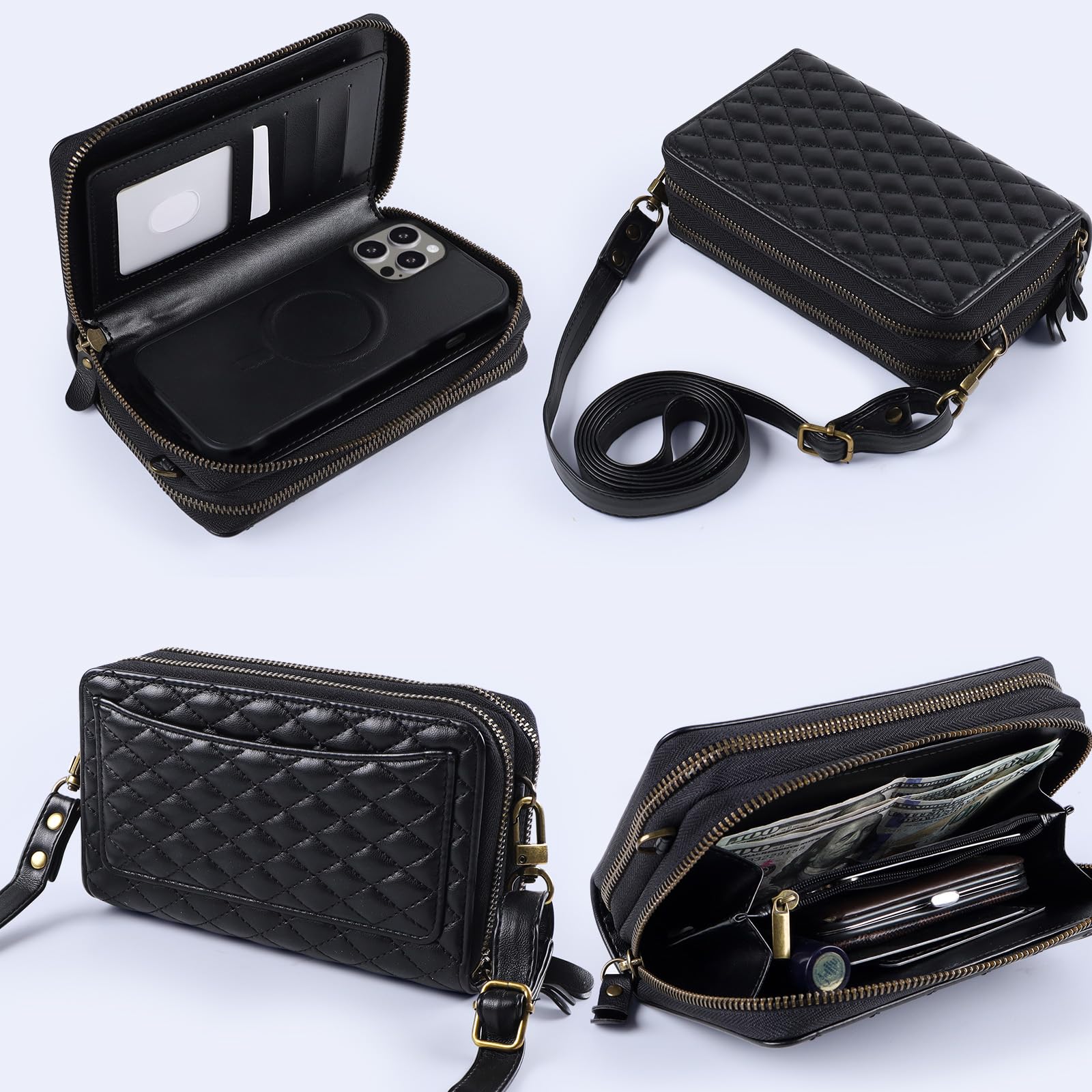 Harryshell Kompatibel mit iPhone 13 Pro Max 6,7 Zoll 2021, Brieftasche, mehrere Reißverschlüsse, abnehmbare magnetische Hülle, Geldbörse mit Kartenfächern, Spiegel, Crossbody (kompatibel mit Magsafe