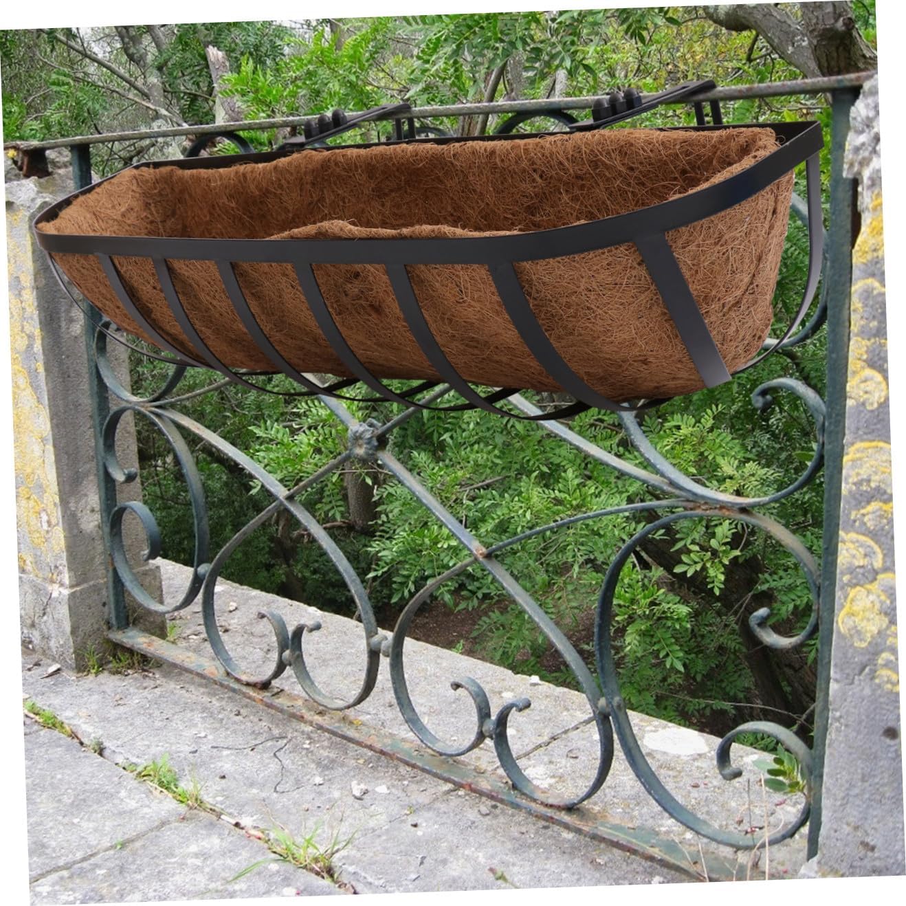 Hemoton Semi-Circle 24-inch Coconut Coir Wall-Mounted Hanging Flower Basket Iron Art Planter for Balcony Garden Outdoor Vertical Wall Planters