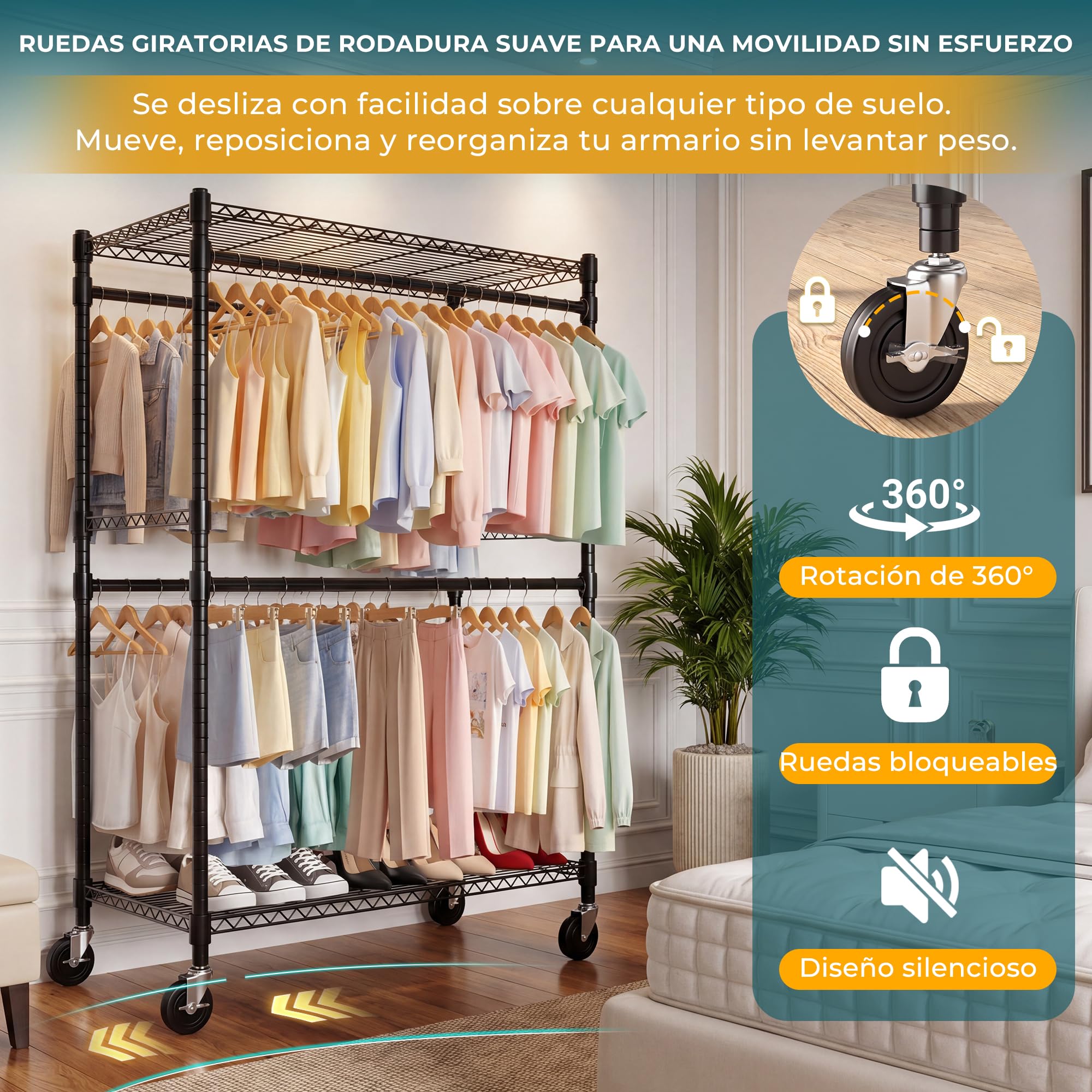 Himimi Burro Perchero de Ropa Resistente con Ruedas, Perchero Doble Altura con 4 Barras y Estantes Ajustables, Perchero Abierto para Dormitorio, Vestidor, Lavandería y Balcón, 114 x 52 x 203 cm, Negro