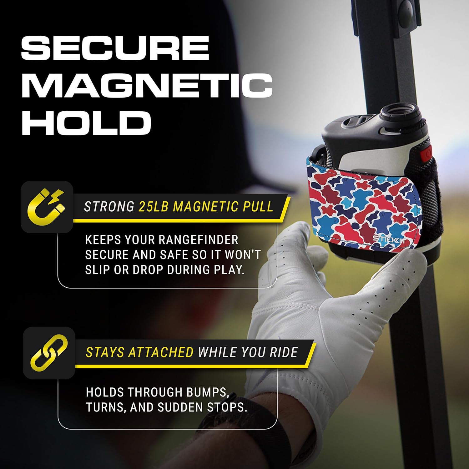 STICKIT Magnetic Rangefinder Strap | Strong Magnet Securely Holds to Golf Carts and Golf Clubs for Easy Access | Slim, Form Fitting, Size Adjustable