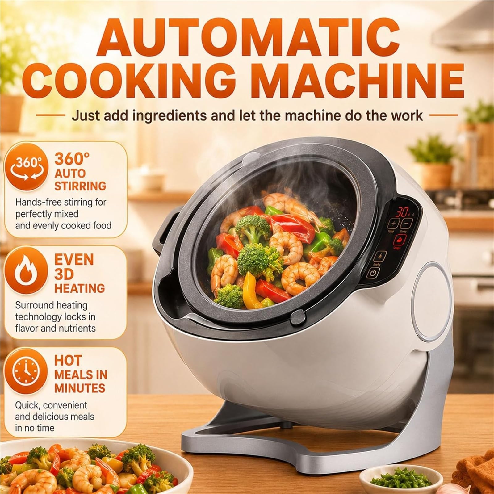Automatyczny robot do smażenia, 2000 W, obrót 360°, automatyczna maszyna do gotowania z 3 poziomami mocy i pochyleniem, komercyjny robot kuchenny do smażenia, ryżu, zupy, duszenia