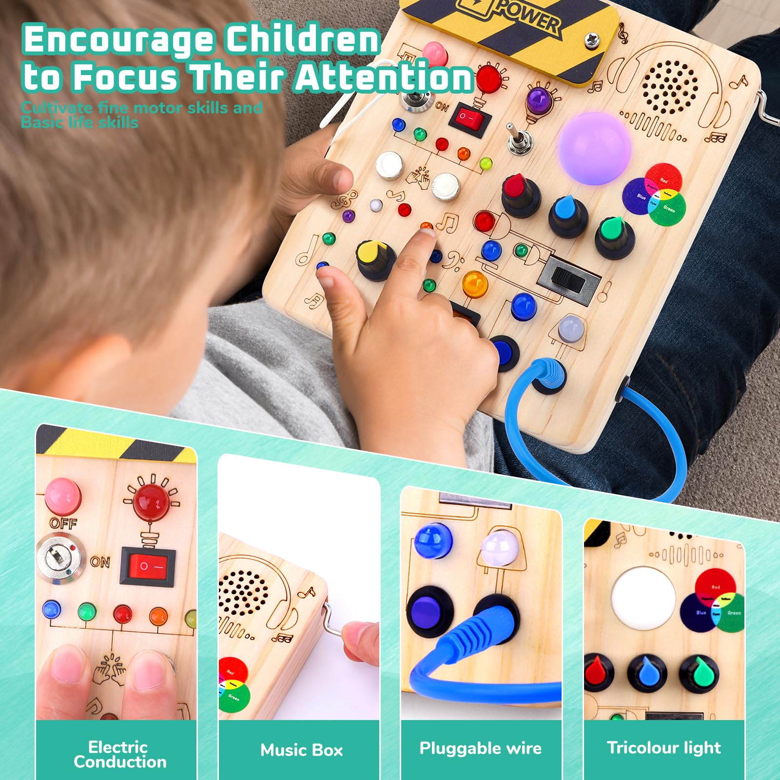 Konijiwa Toddler Toys Montessori Busy Board Wooden Toys for 1 2 3 Year old Boys Girls with 12 Switches and 27 LED Lights Switch Sensory Learning Gifts - Image 3