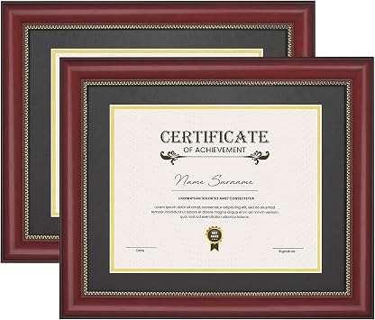 JackMa Diploma Frame | Certificate Frame with HD Tempered Glass, Display 8.5 x 11 with Black Over Gold Double Mat or 11x14 Document without Mat, Tabletop & Wall Mount set of 2, Mahogany